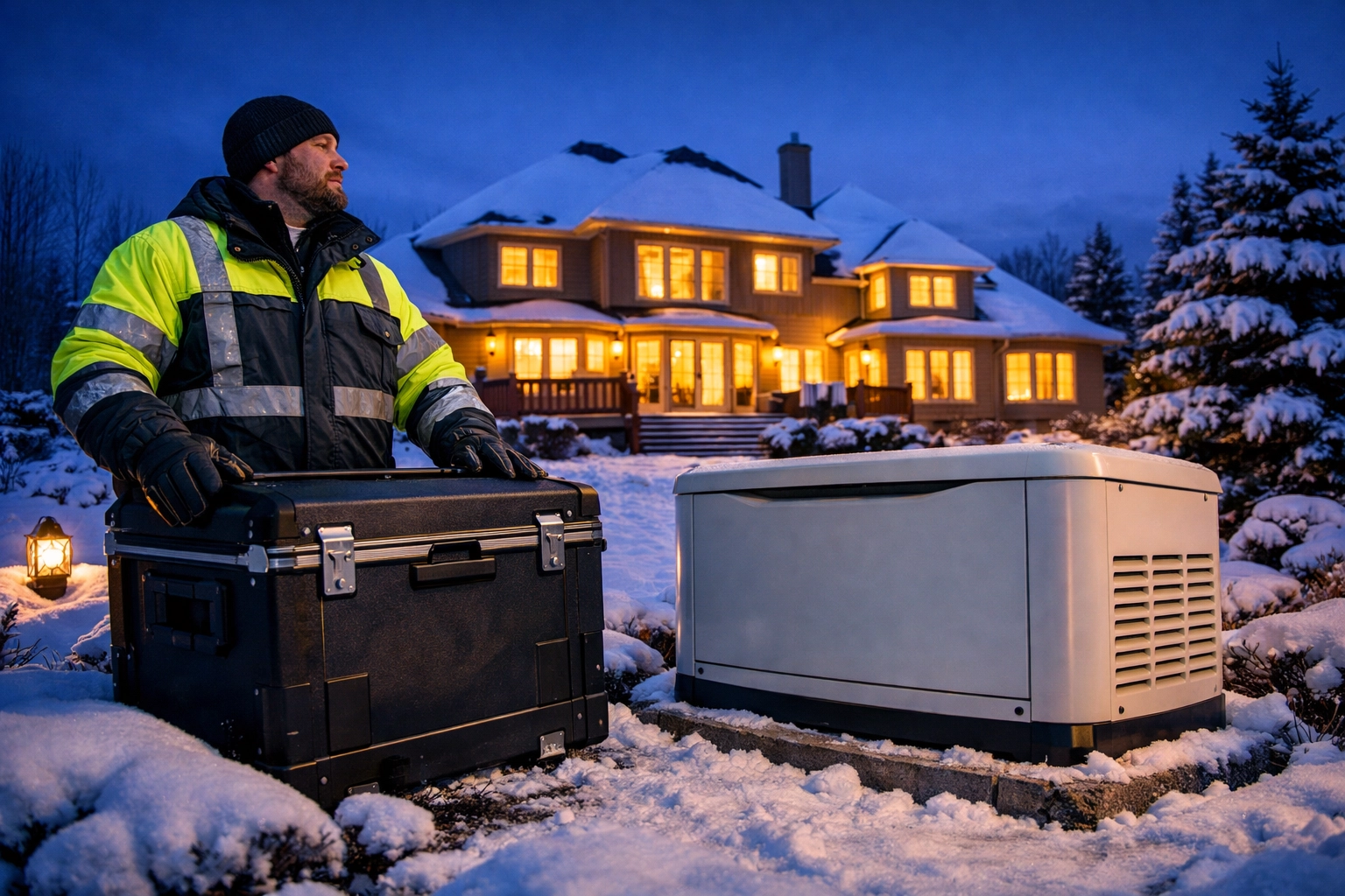 Professional technician finishing a generator maintenance plan service at a Kanata home.