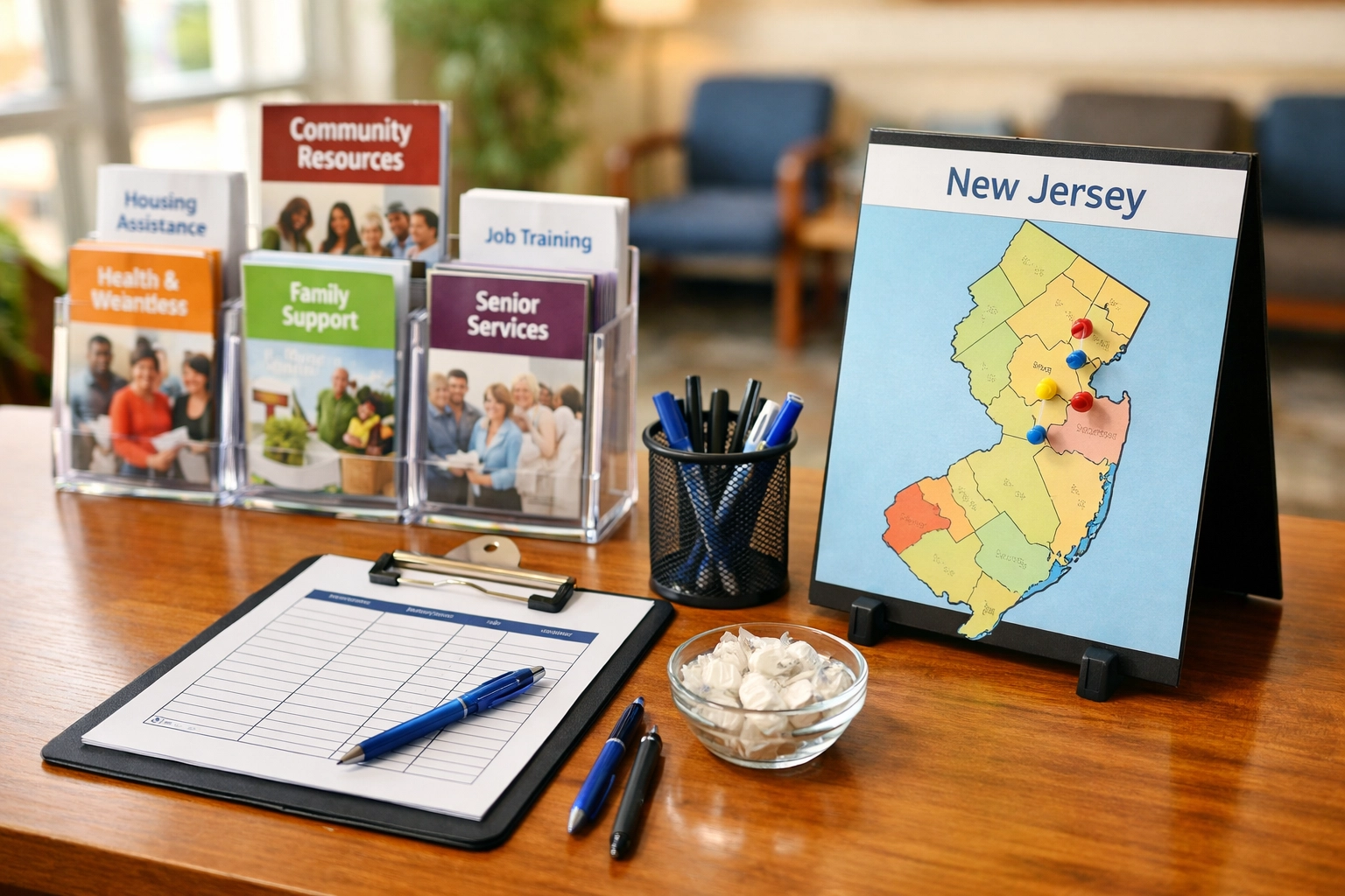 Nonprofit resource table featuring a New Jersey map and brochures for disaster recovery resources.