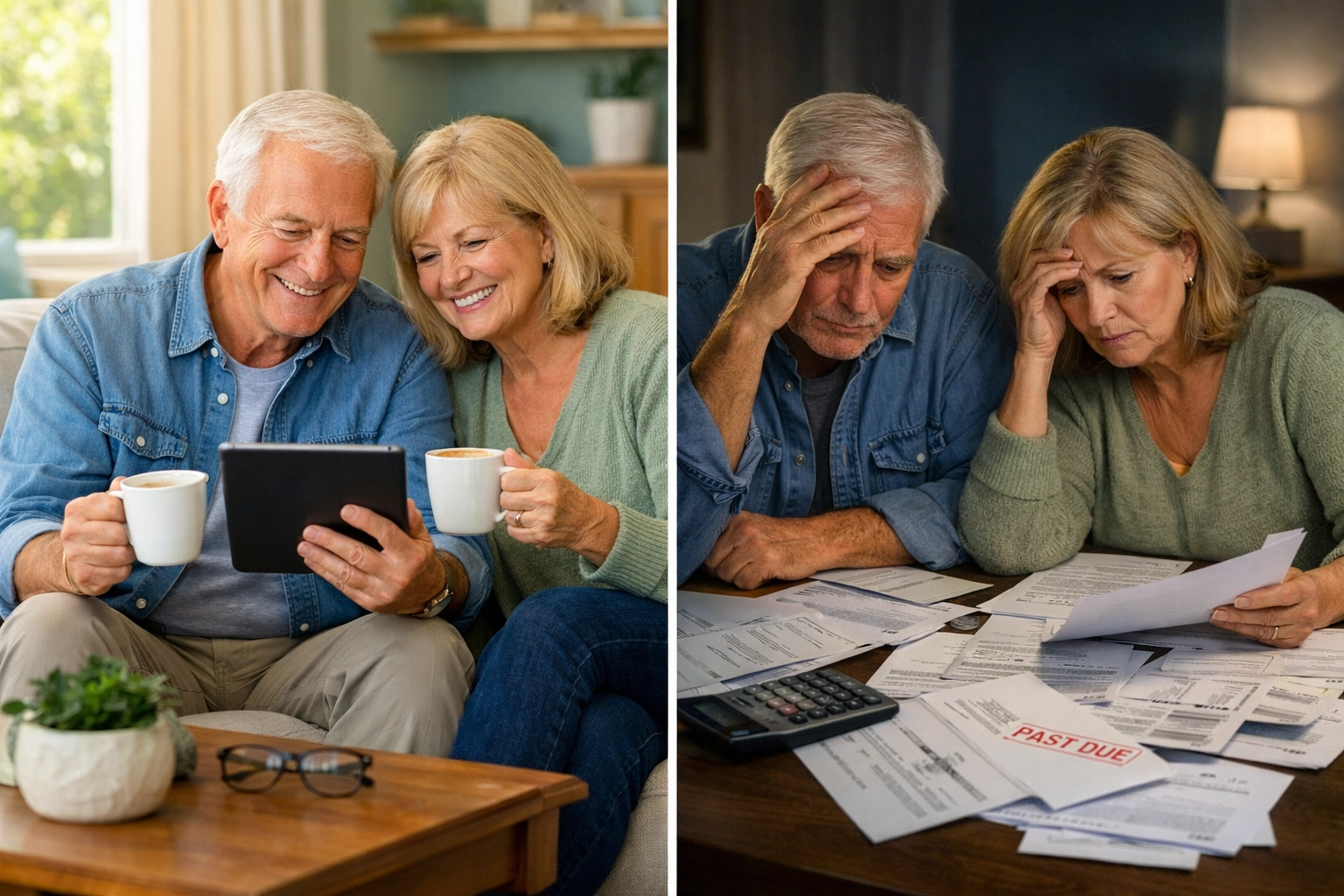 Retirees confident with secure plan versus stressed during market downturn comparison