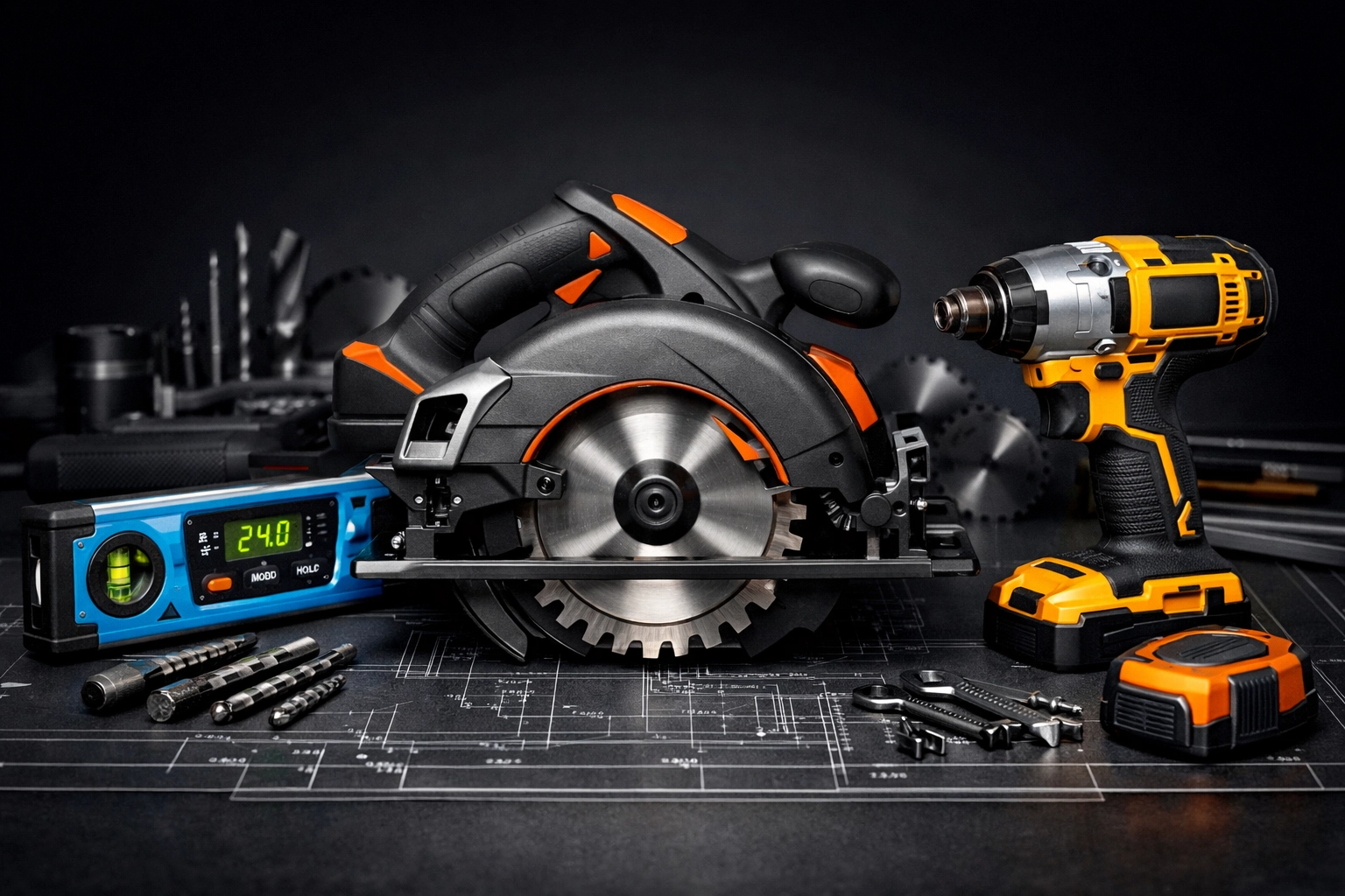 Pro-grade power tools like a circular saw and impact driver laid out on construction blueprints.