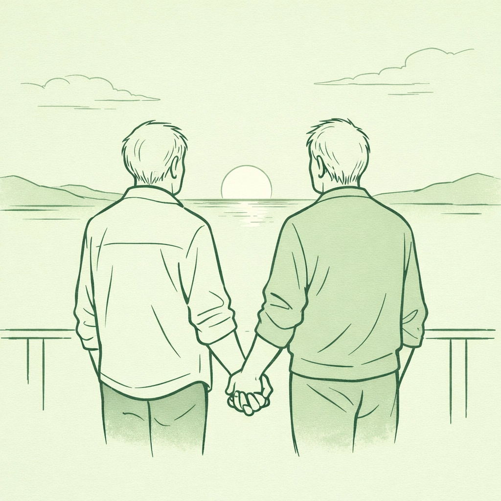Senior gay couple holding hands on a balcony, illustrating a courageous new chapter and discovery in love.