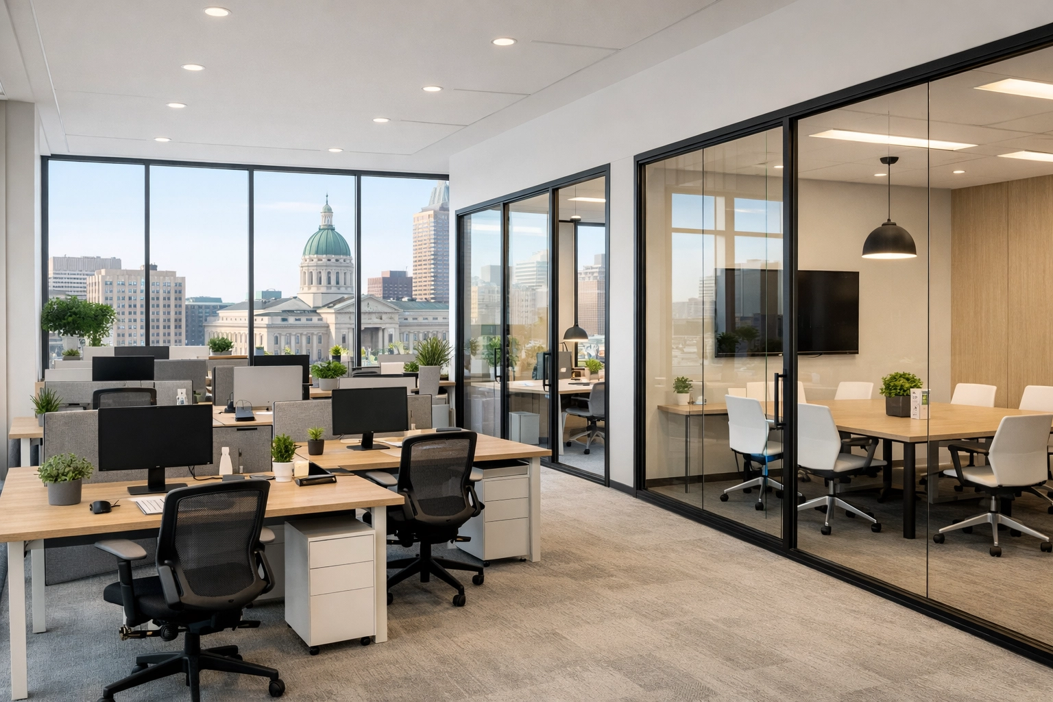 Clean open-plan office in Indianapolis with natural light, ideal for professional property management services.