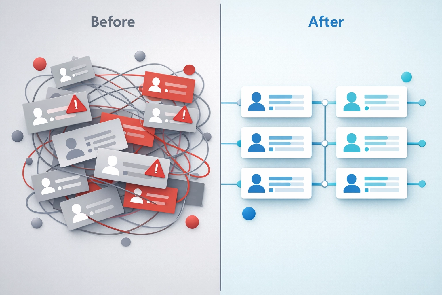 Before and after comparison of CRM data quality showing messy duplicates transformed into clean organized records