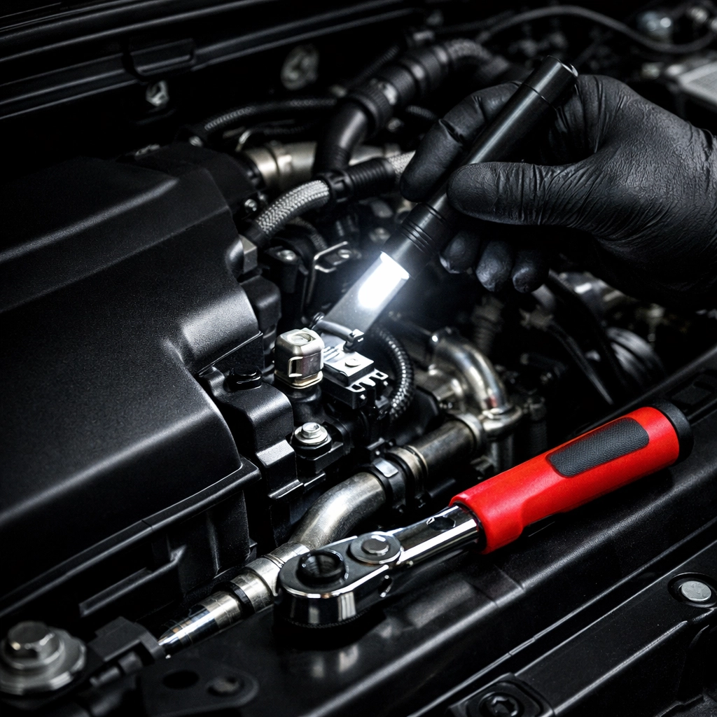 A mechanic performs a detailed engine bay inspection using a bright LED light to identify faulty sensors.