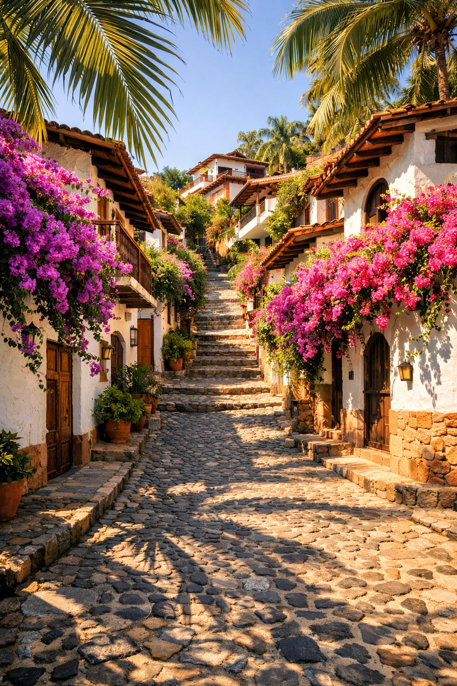 Colorful cobblestone street with bougainvillea in Amapas neighborhood Puerto Vallarta