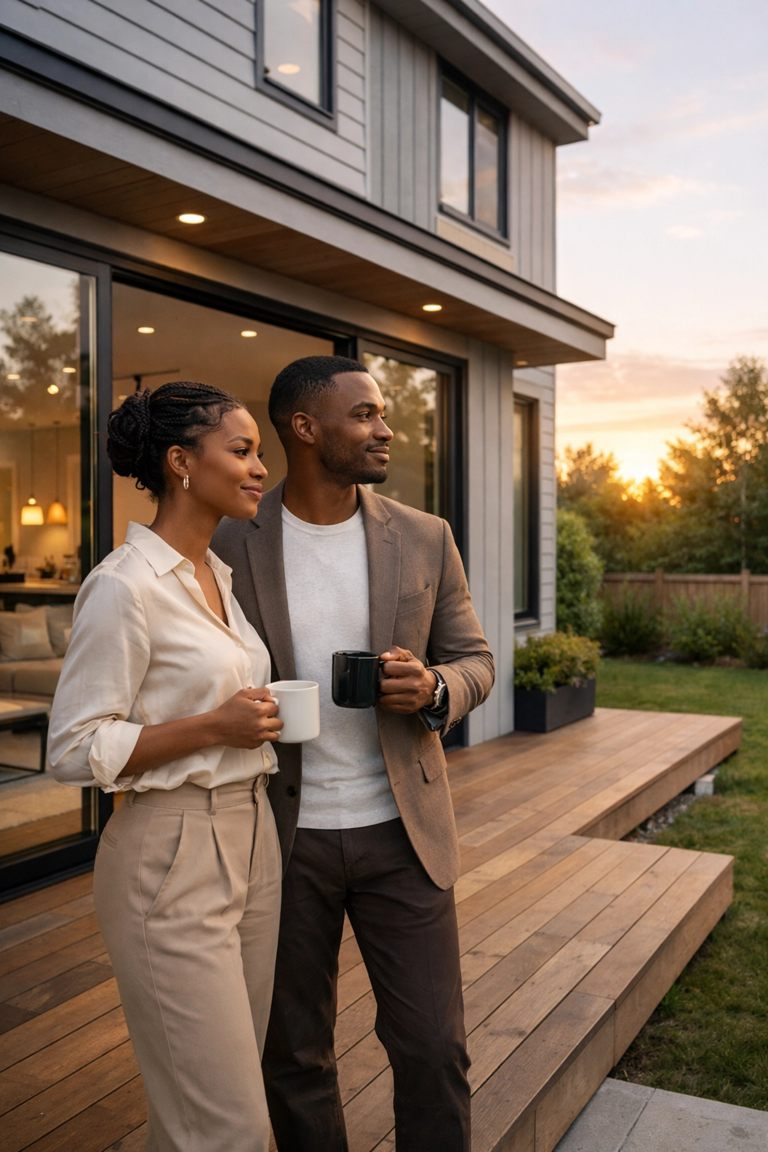 Black couple enjoying the sunset on a modern townhome deck in a Durham neighborhood.