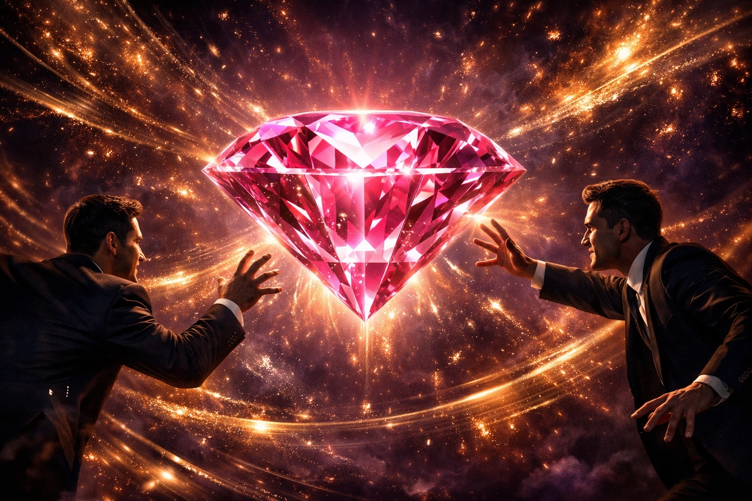 Pink diamond between competing MM romance leads symbolizing high-stakes desire and ambition