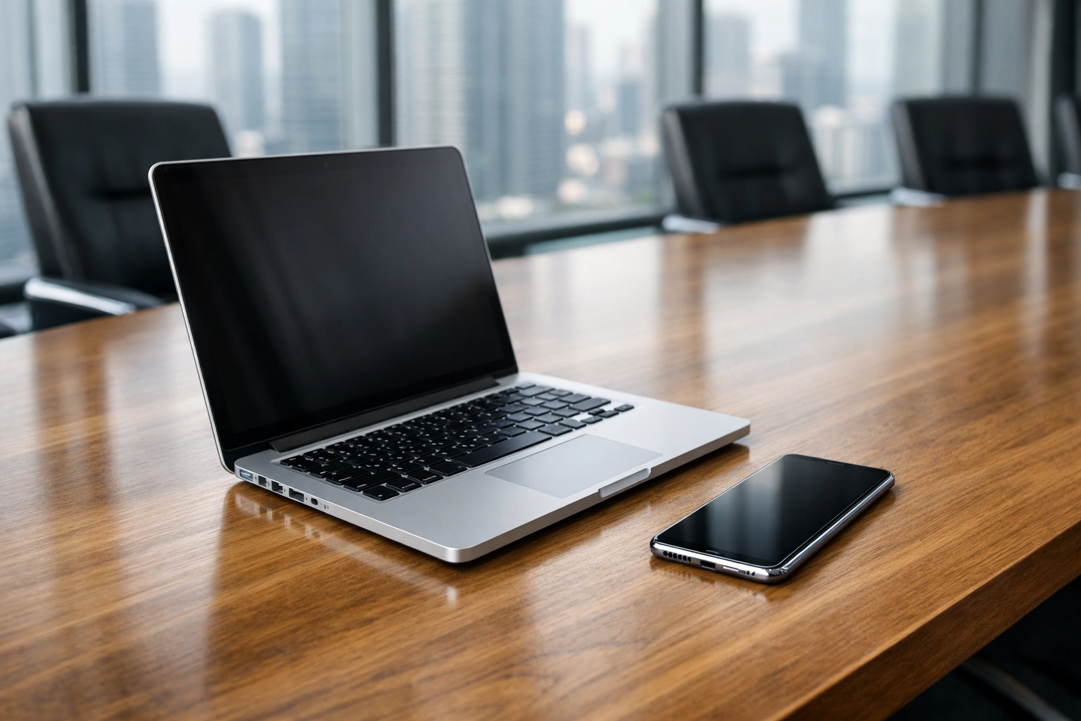 Modern office devices on a boardroom table symbolizing the digital landscape of commercial insurance fraud detection.