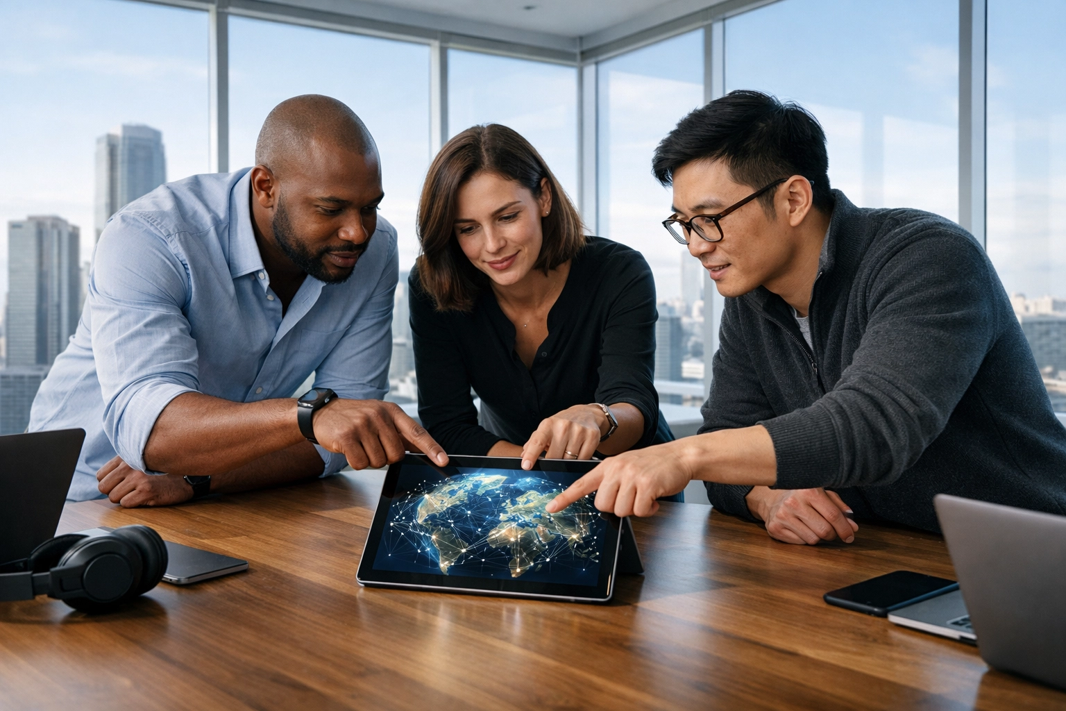 IT professionals reviewing global asset data on a tablet to align ITAM and ITOM strategies.