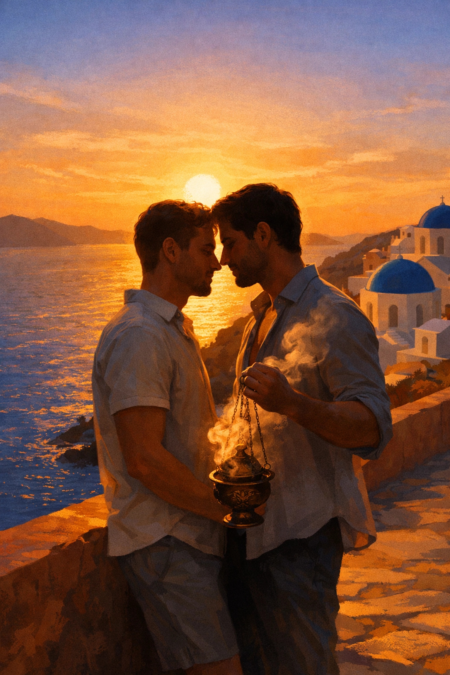 Gay couple sharing intimate moment on Greek island cliff at sunset with frankincense smoke