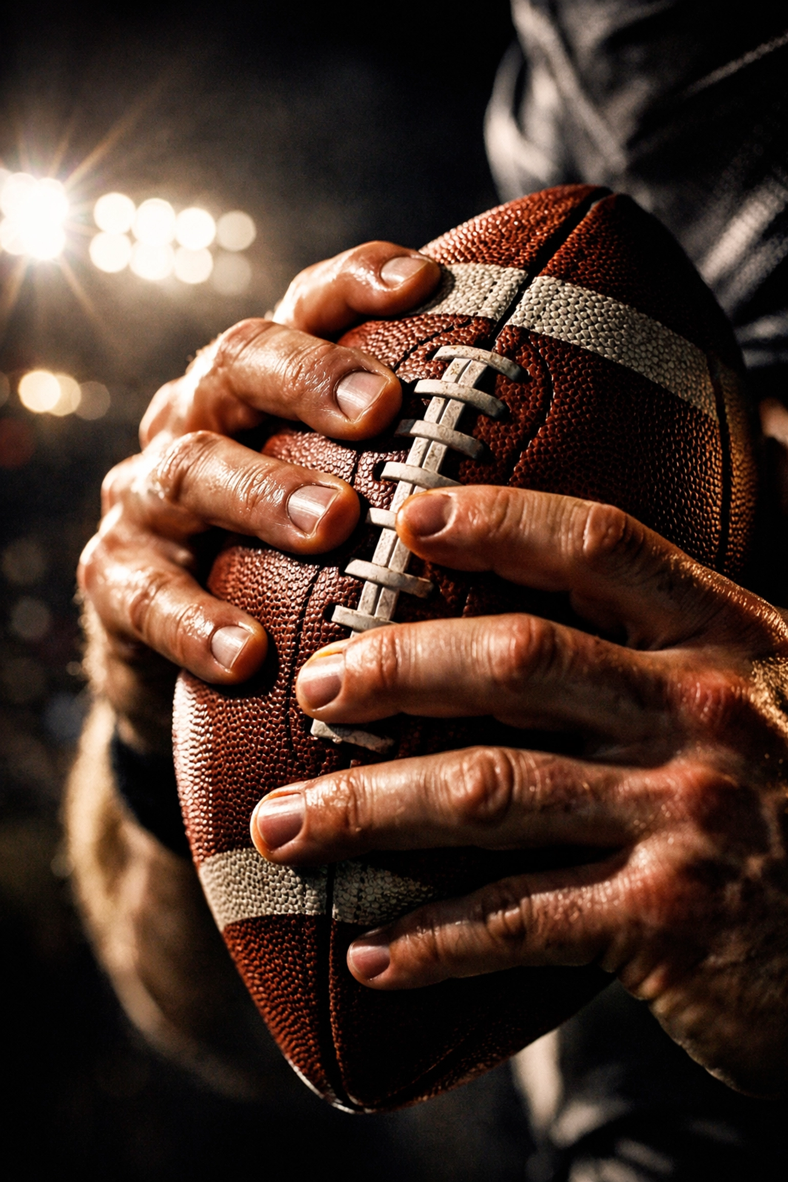 Athlete gripping football with precision demonstrating focused performance and championship mindset