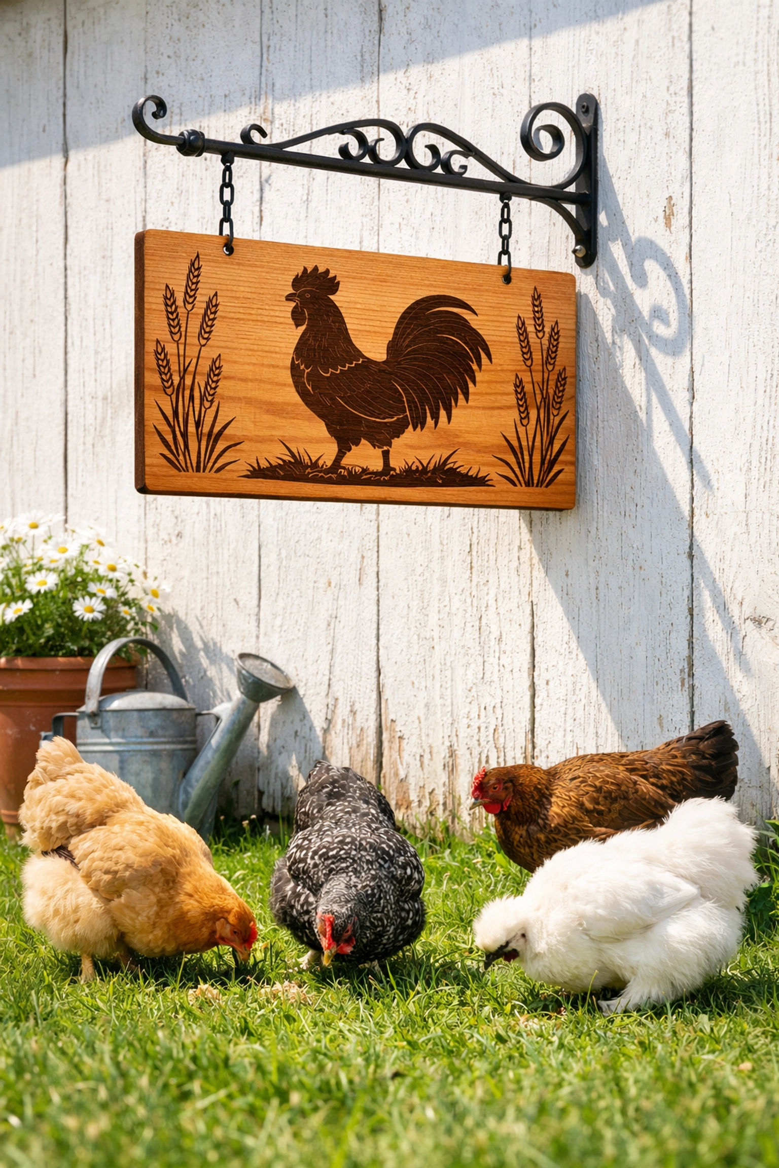 Custom farmhouse wood sign with a laser engraved rooster silhouette hanging on a white-washed barn wall.