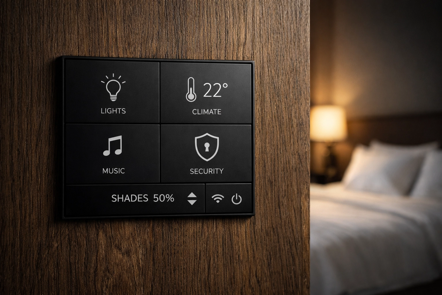 Minimalist hotel smart-room control panel integrated via secure hotel PMS API for guest privacy.