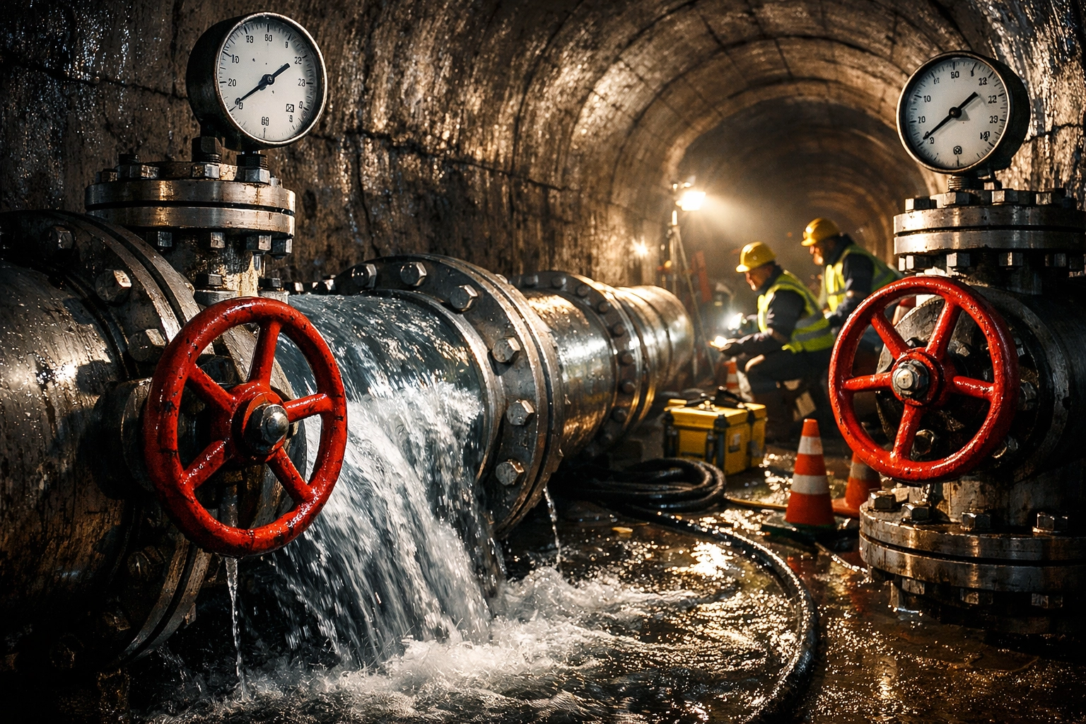 Calgary water main infrastructure showing pipes and emergency repair equipment