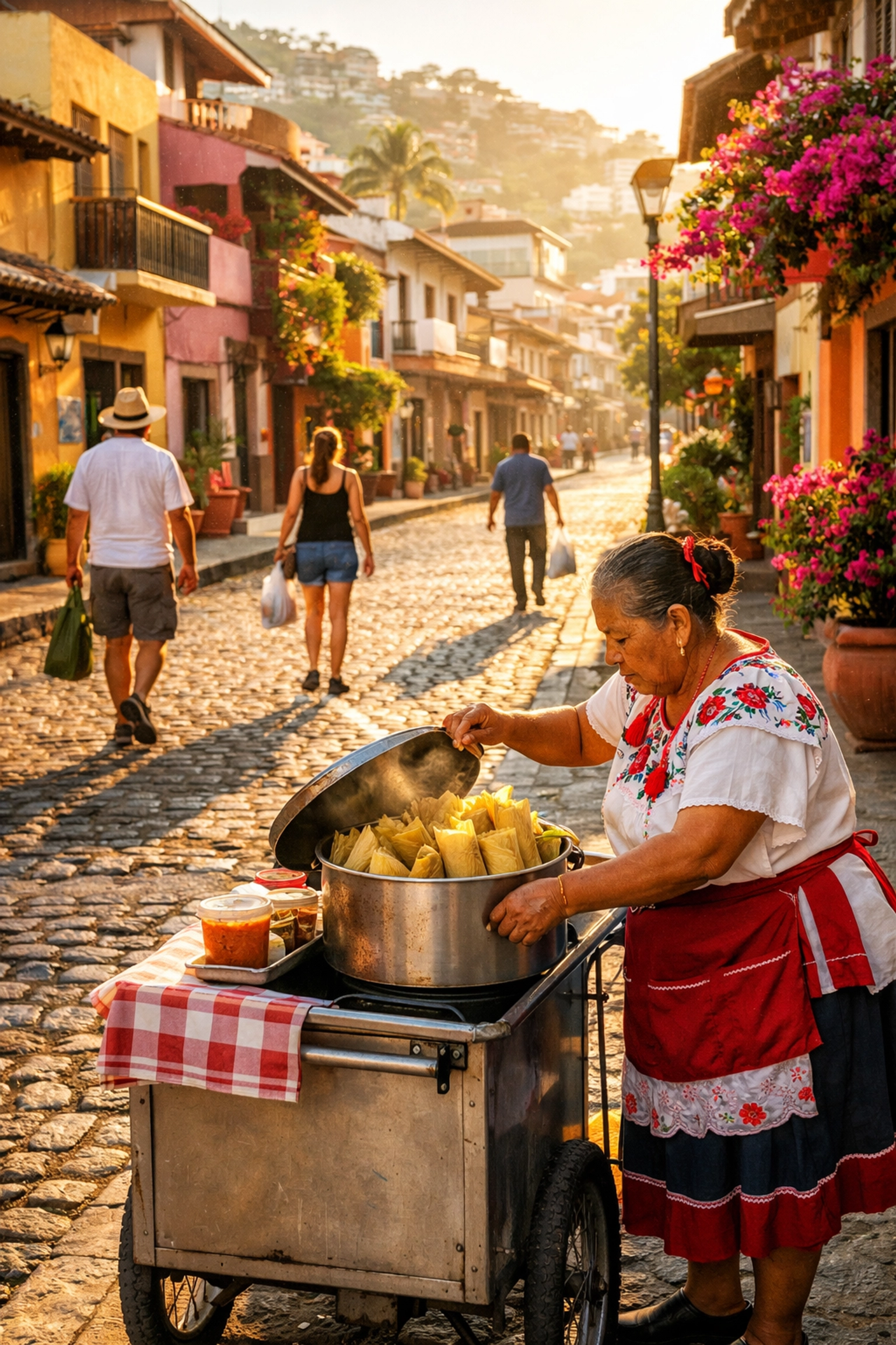 Authentic Zona Romantica street scene with local vendor selling tamales on cobblestone streets