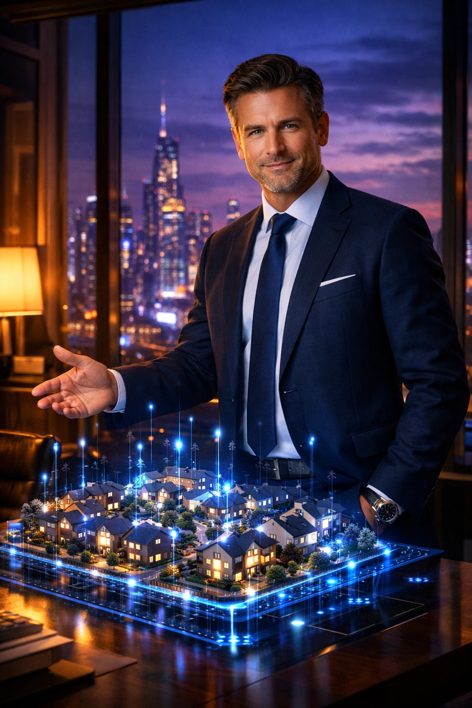 Immobilienmakler nutzt KI-Datenanalyse zur Marktübersicht für schnellere Notartermine.