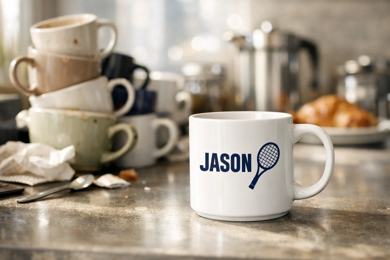 A personalised name mug with a tennis icon stands out from generic mugs in an office kitchen to prevent theft.