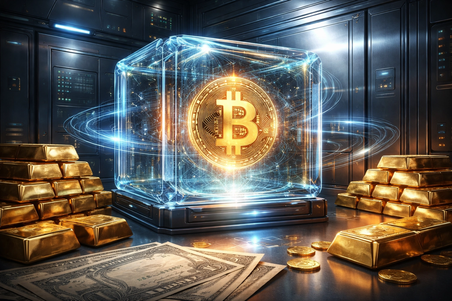 Bitcoin symbol in a vault with gold bars, representing institutional-grade crypto integration with traditional assets in diversified portfolios.