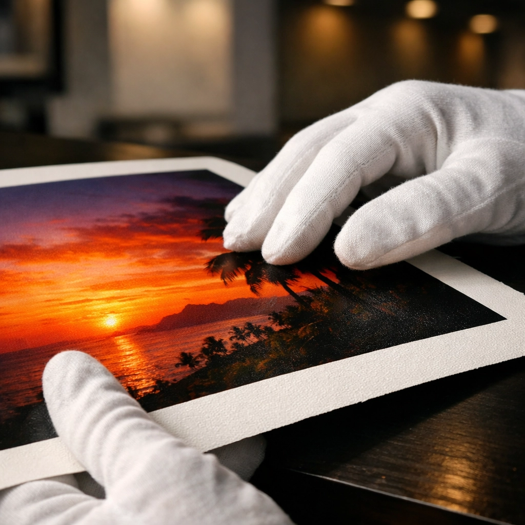 Professional photographer inspecting a high-quality landscape fine art photography print.