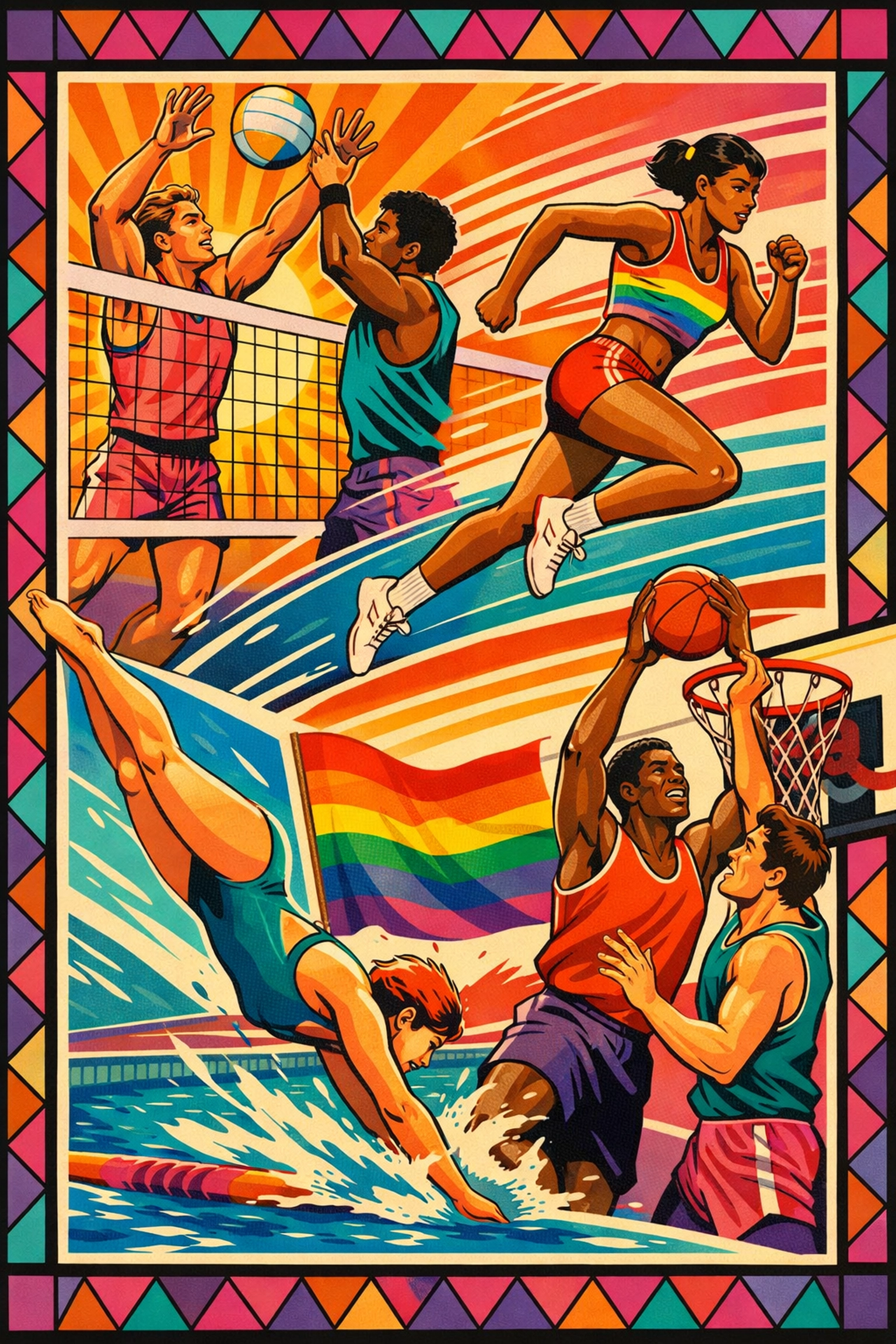 LGBTQ+ athletes competing in basketball, volleyball, track, and swimming