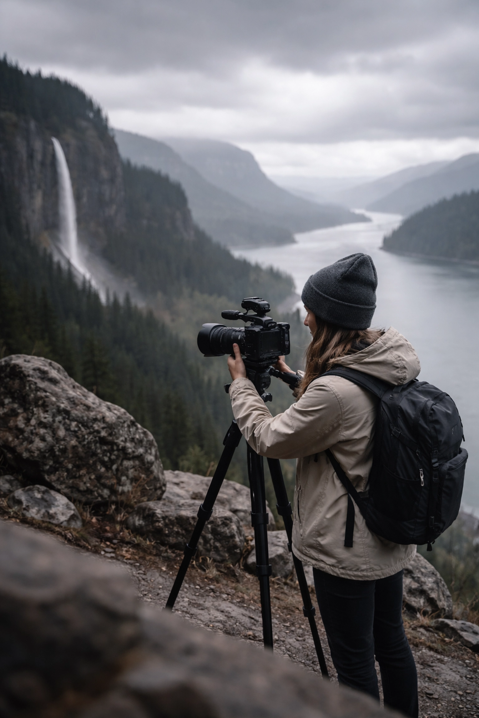Female videographer capturing wedding moments at Columbia River Gorge on a dramatic, overcast day.