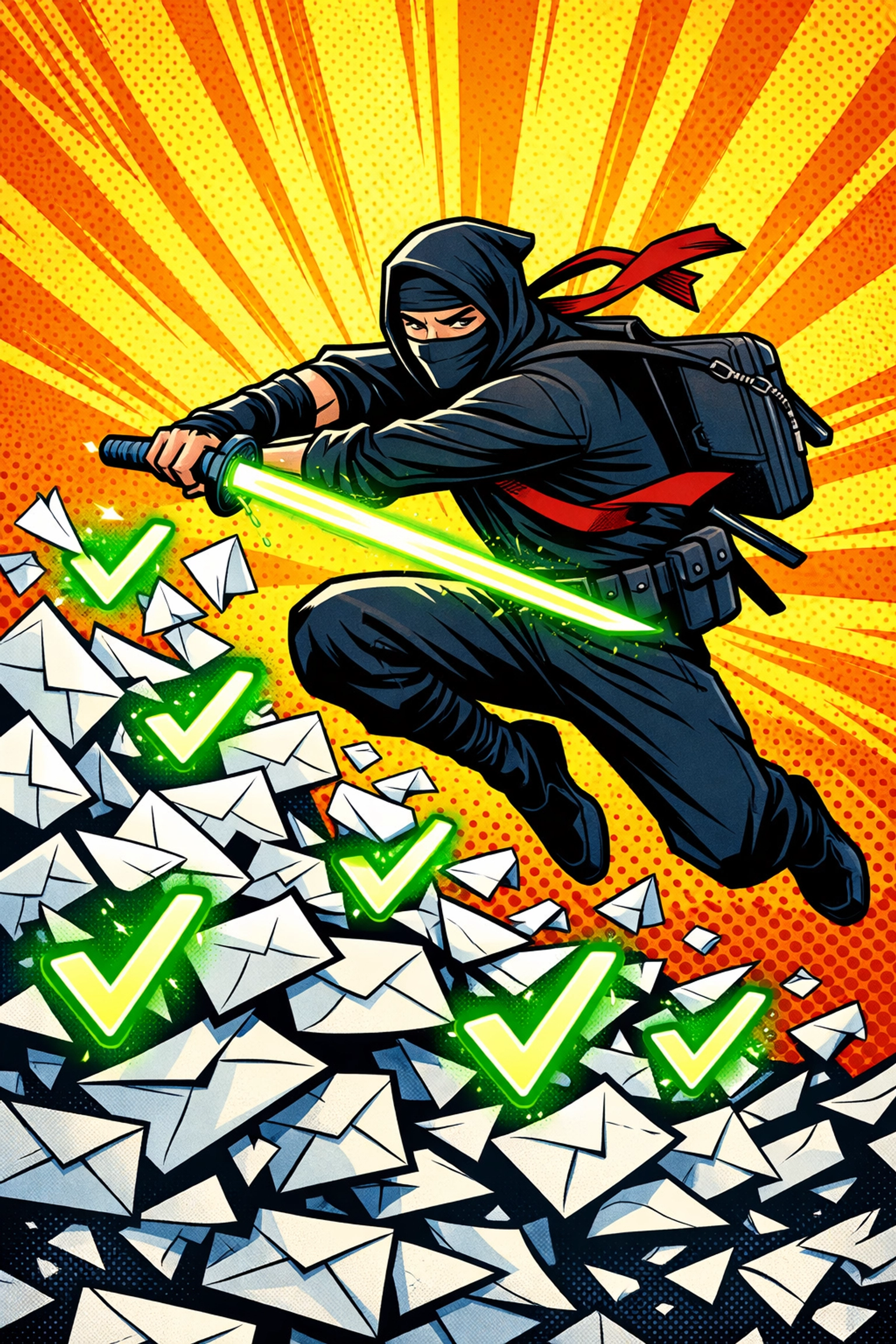 Ninja slicing through emails to automate inbox tasks using AI business automation.