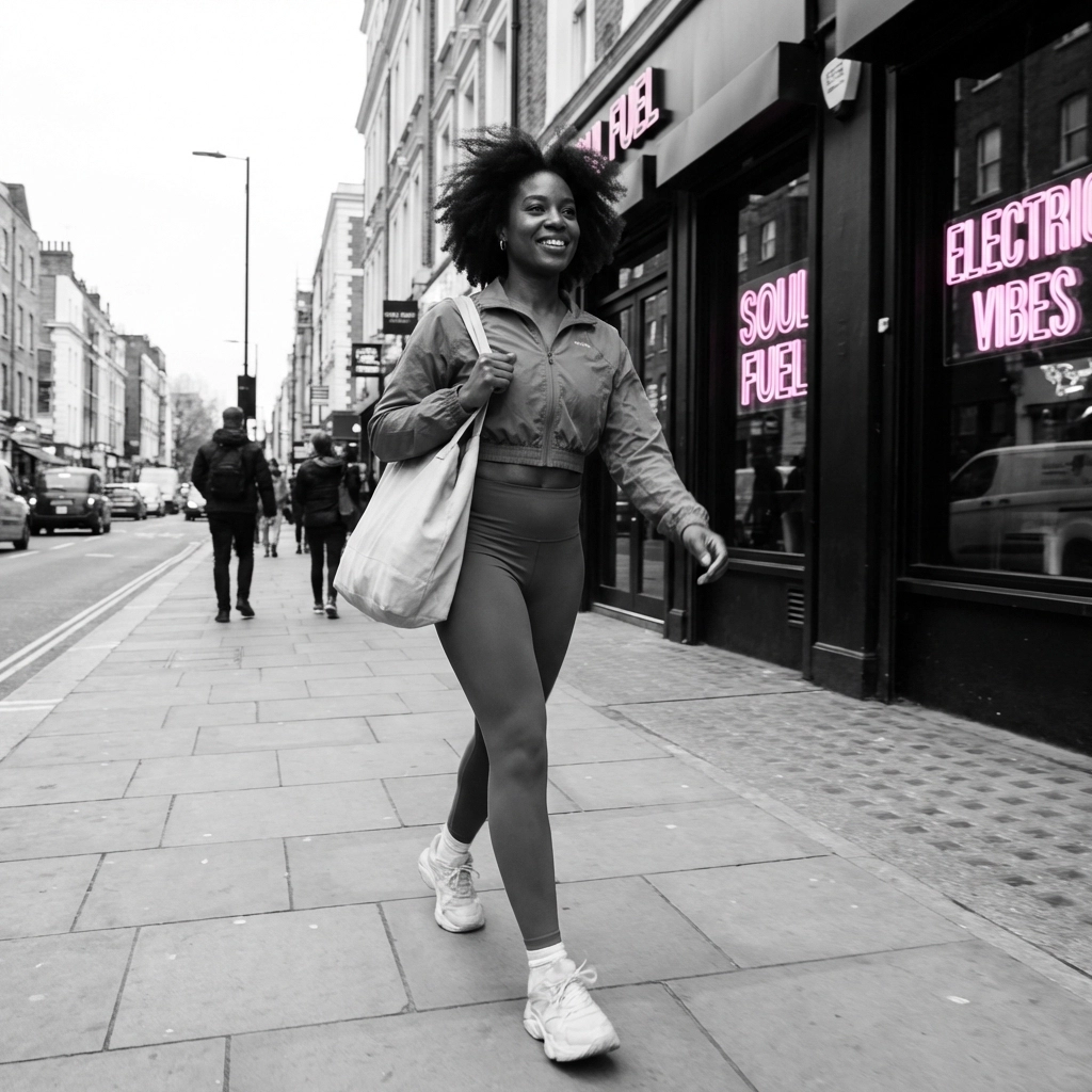 Black woman walking confidently in the city, representing empowerment and active lifestyles in urban communities