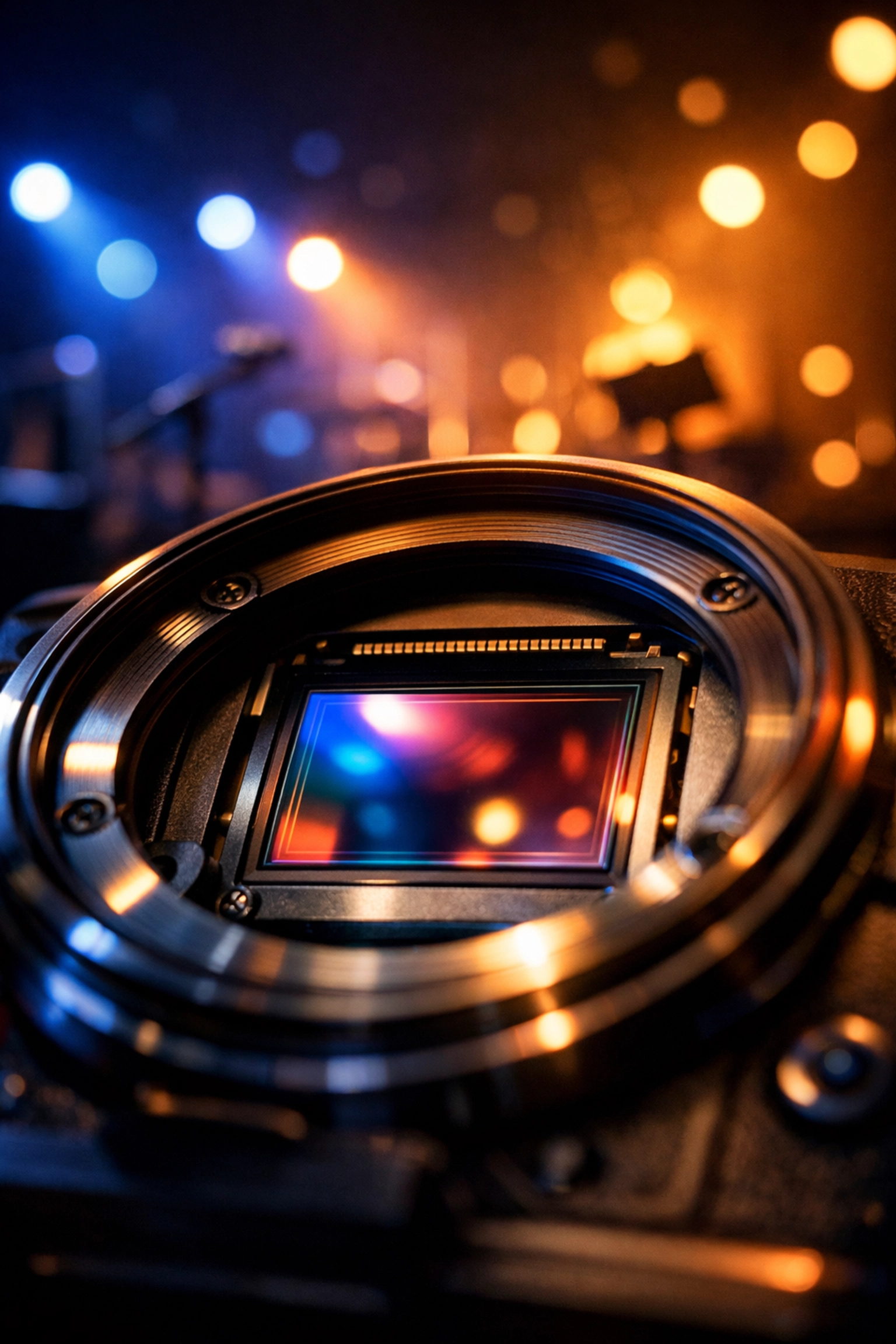 Camera lens capturing stage lights in worship space showing sensor limitations with lighting