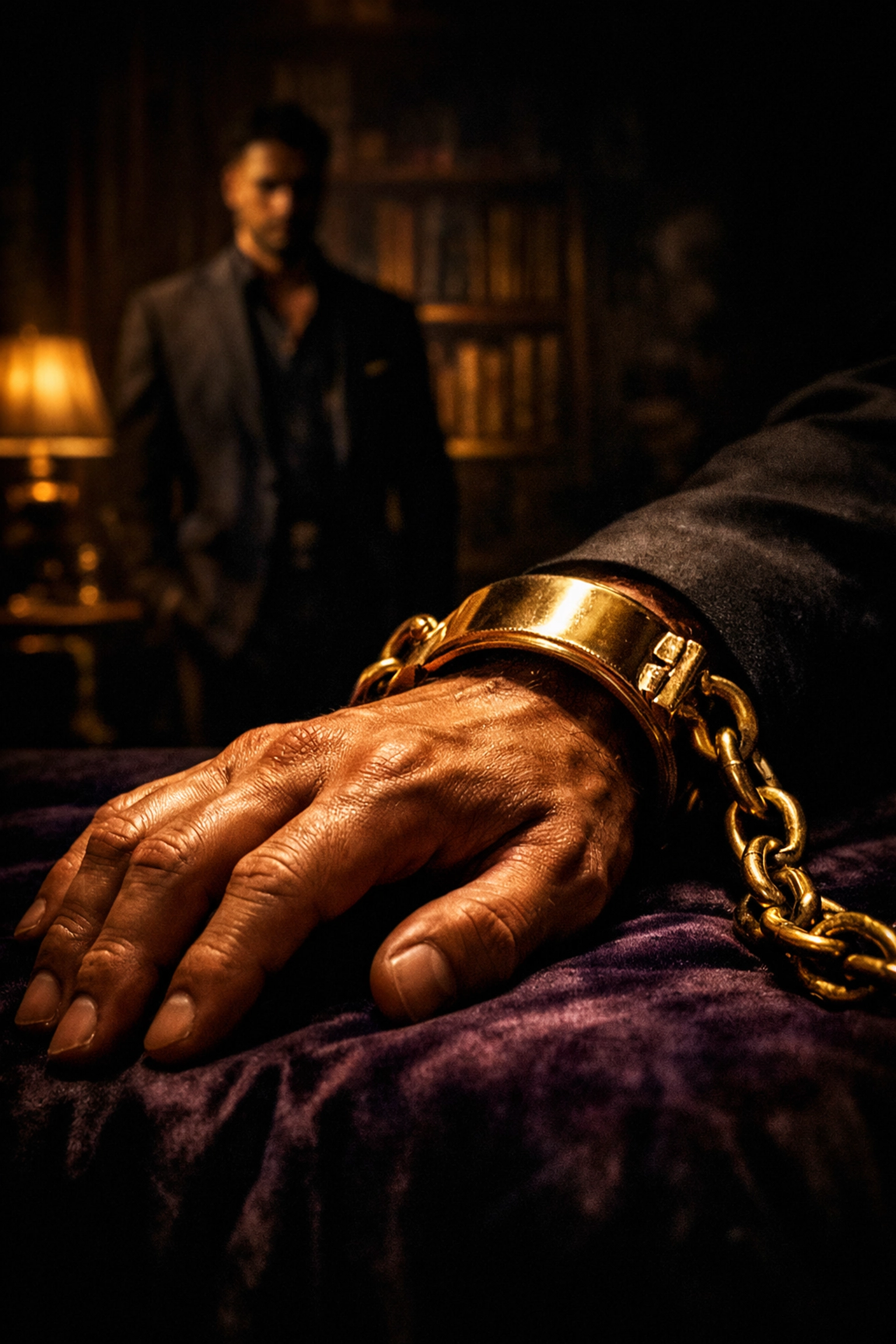 A man's hand with a gold handcuff bracelet, representing the golden handcuffs trope in gay contemporary romance.