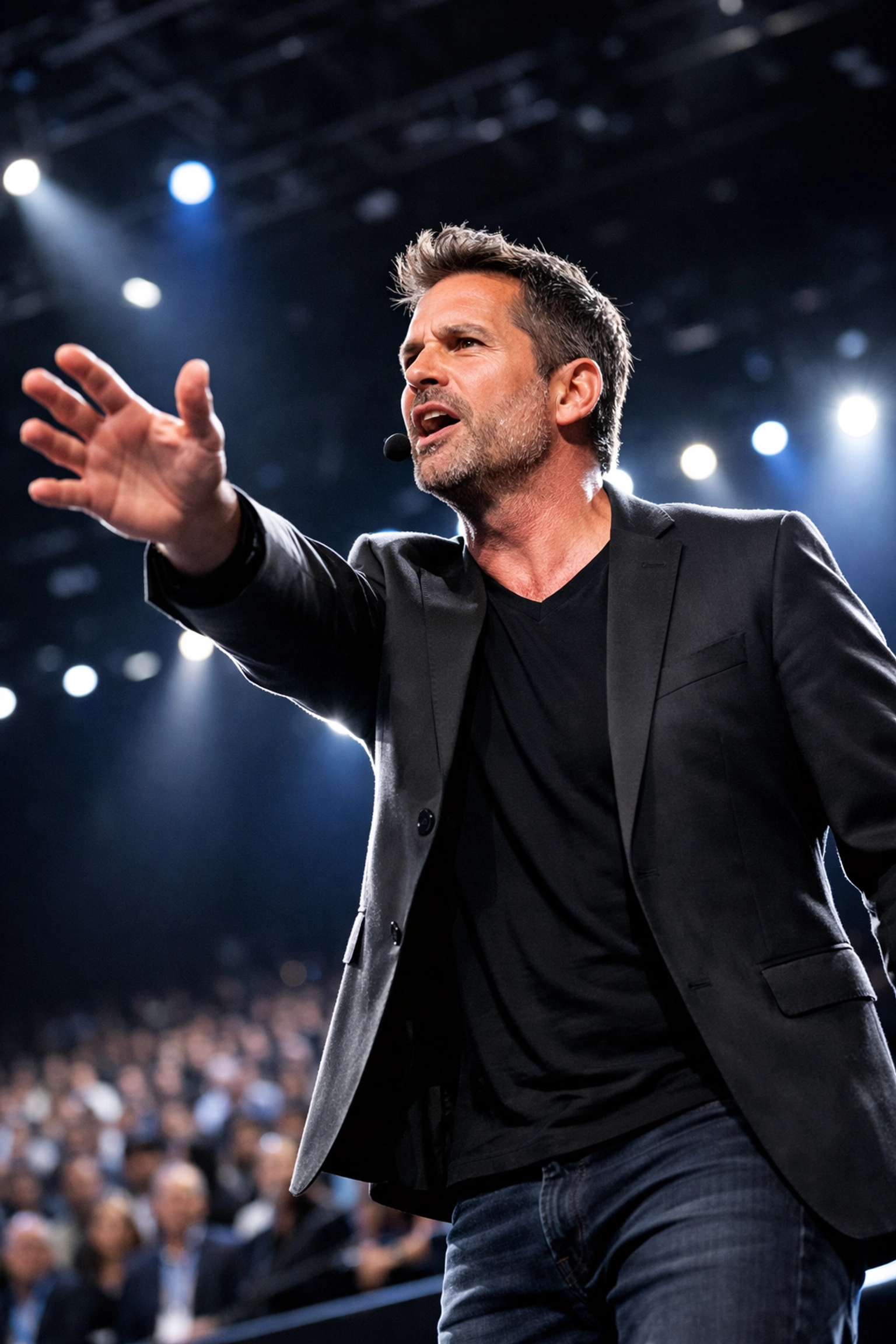 Dynamic keynote speaker on a modern stage during a corporate conference in Miami with professional lighting.