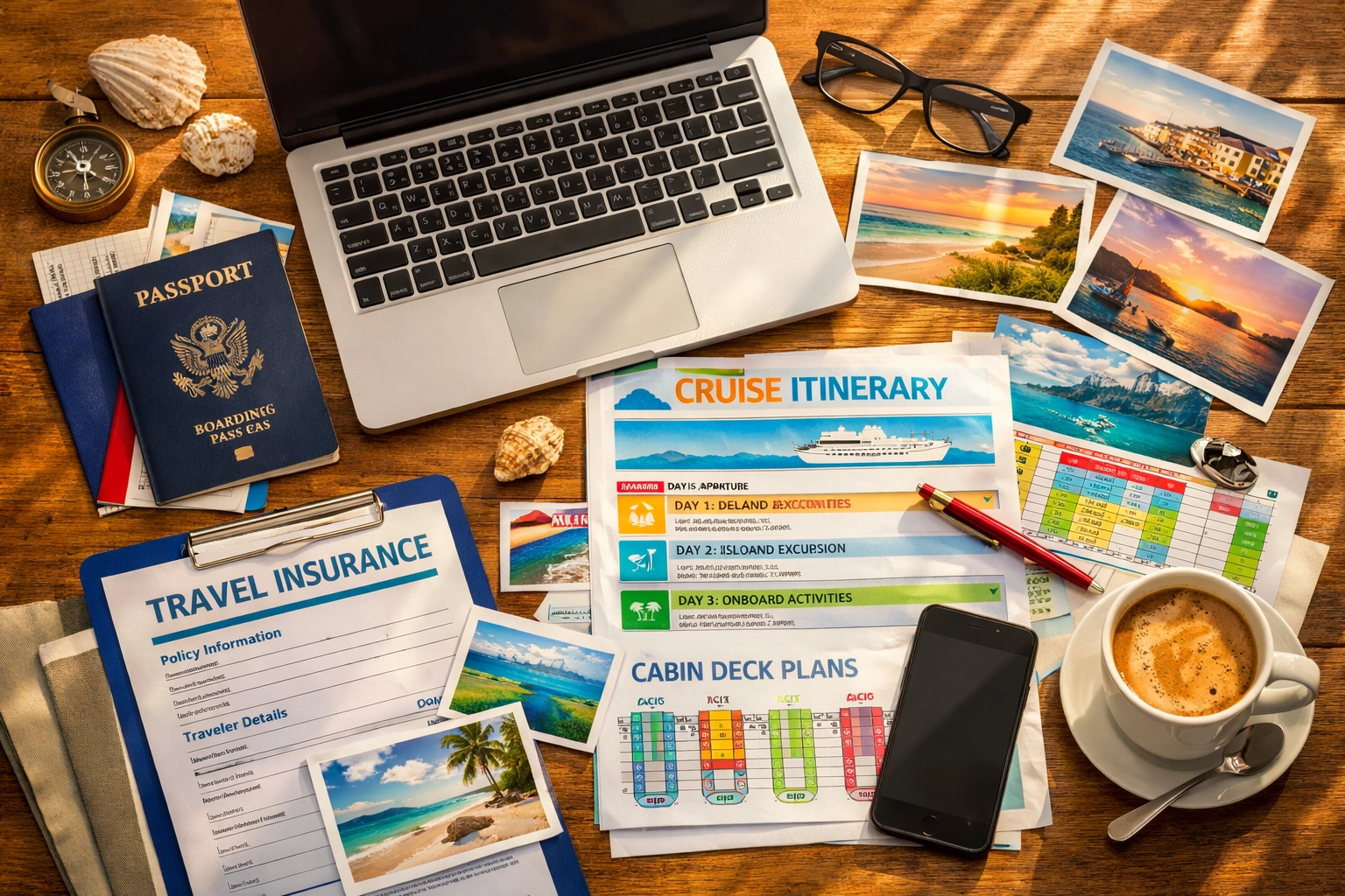 Cruise planning documents including passport, itinerary, and travel insurance