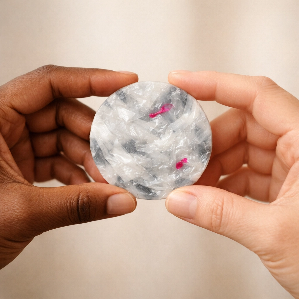 Hands holding a circular recycled plastic material sample representing circular economy collaboration.