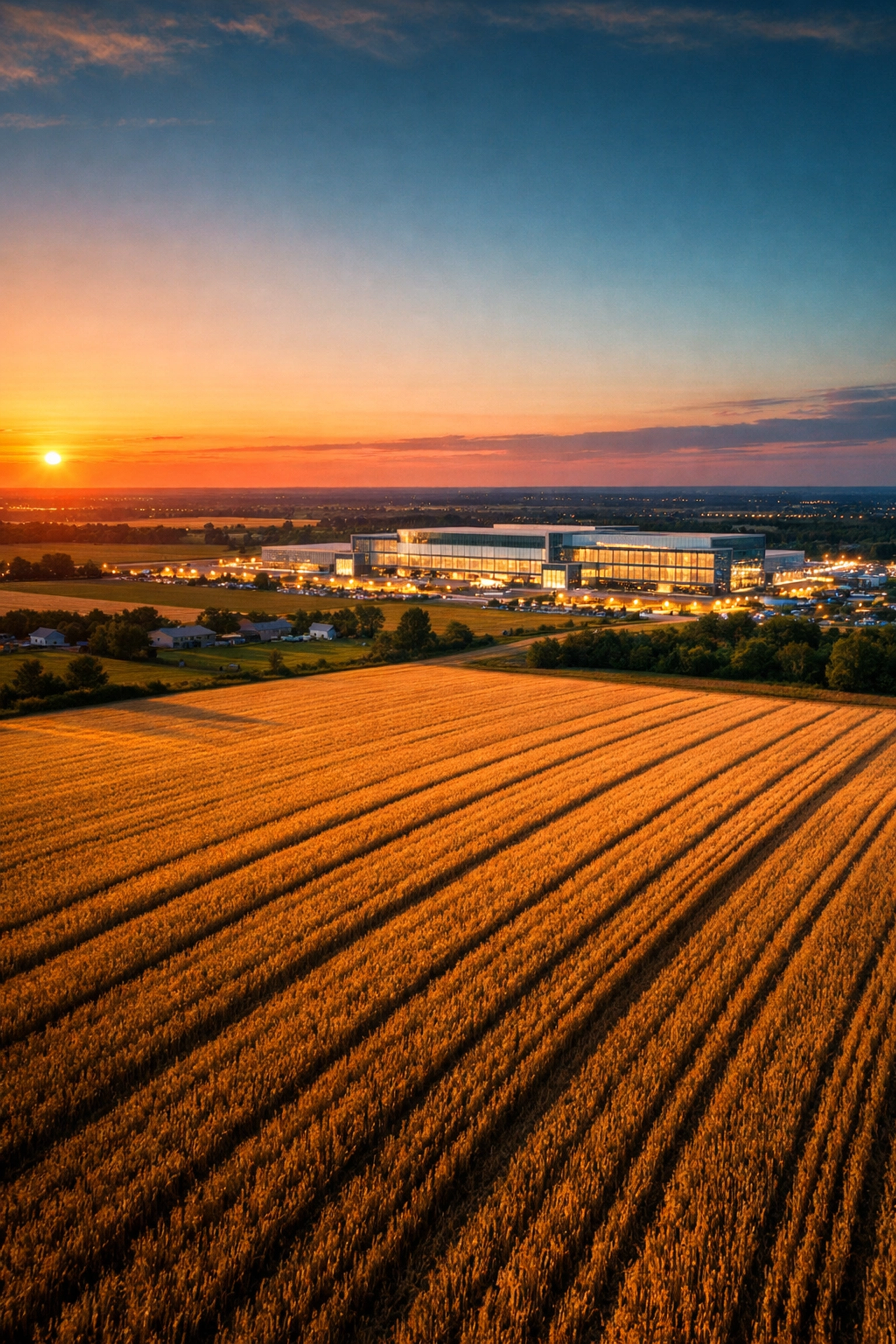 Sunset over Wilmot Township farmland transitioning into a modern industrial employment corridor.