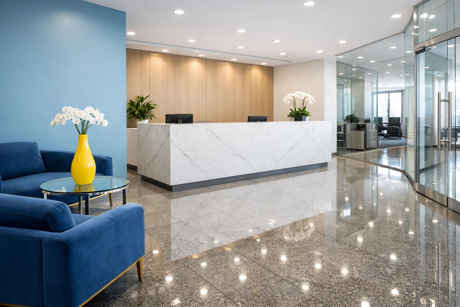 Spotless and welcoming office lobby maintained with professional Office Cleaning Worcester MA services.