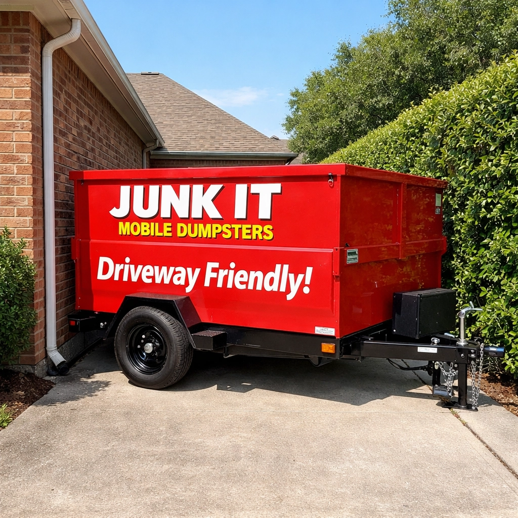 A red portable dumpster trailer with rubber tires parked in a narrow Houston driveway for safe junk removal.