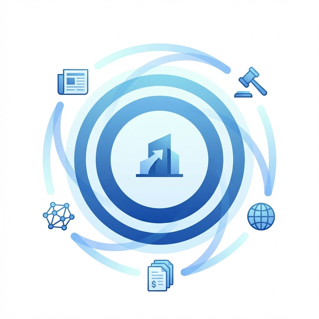 Visual of integrated business intelligence sources enhancing creditworthiness and risk ratings