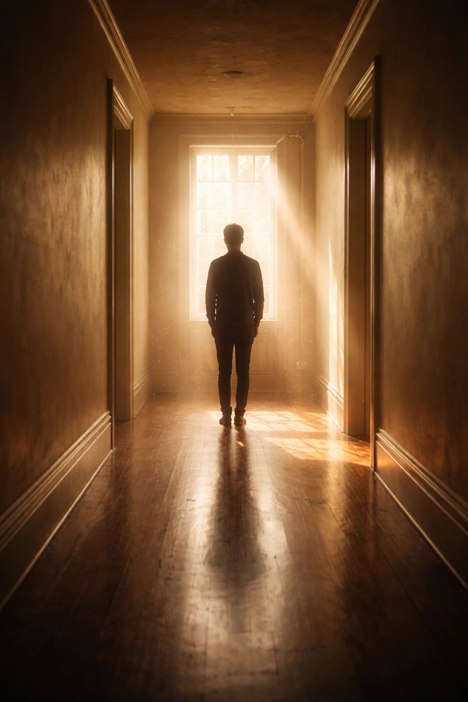 Silhouette at the end of a hallway facing distant sunlight, expressing hope and mindful longing.