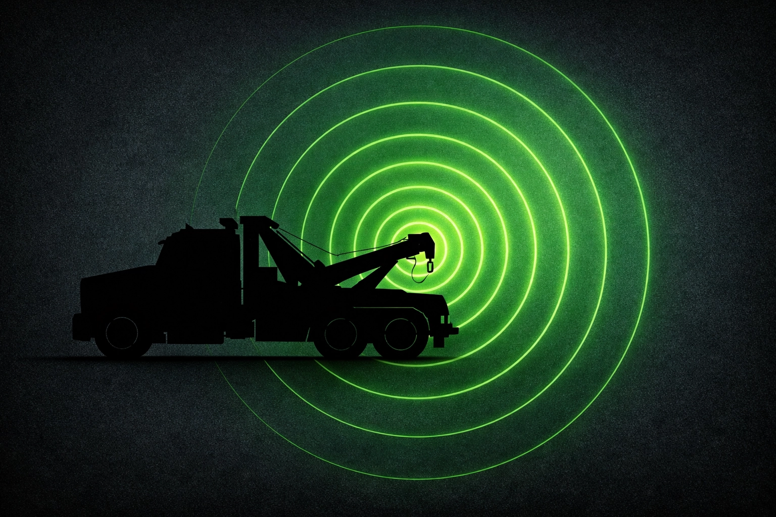 Tow truck silhouette with a glowing radar pulse indicating a 30-mile roadside assistance service area.