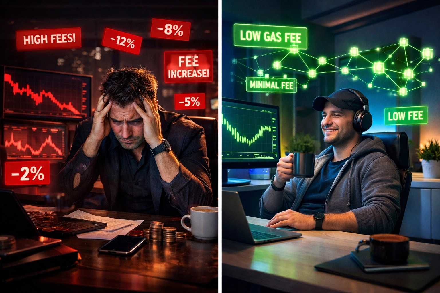 Comparison of high exchange fees versus low gas-only fees on Larecoin crypto swaps