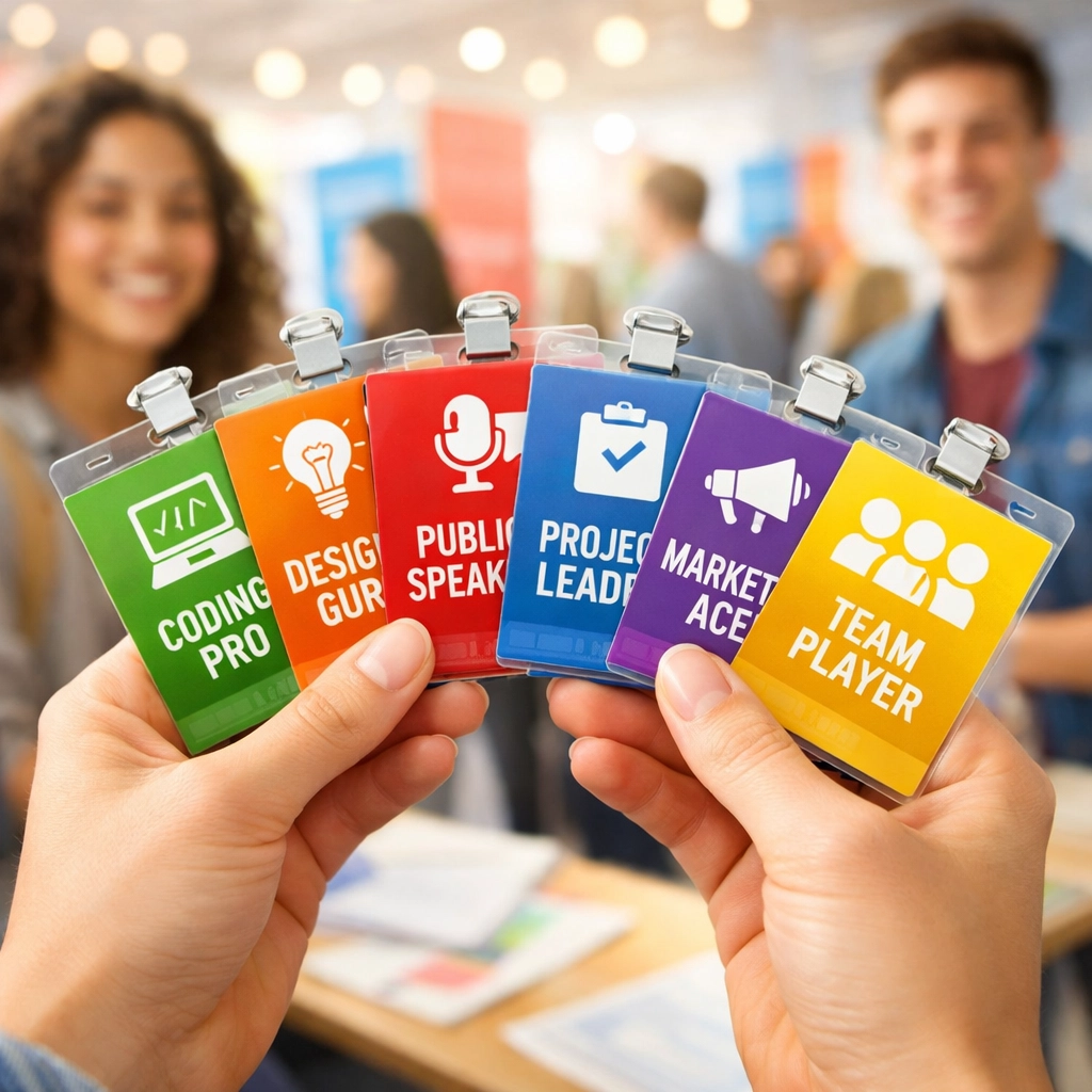 Hands holding multiple colorful workforce credential badges for autism employment readiness
