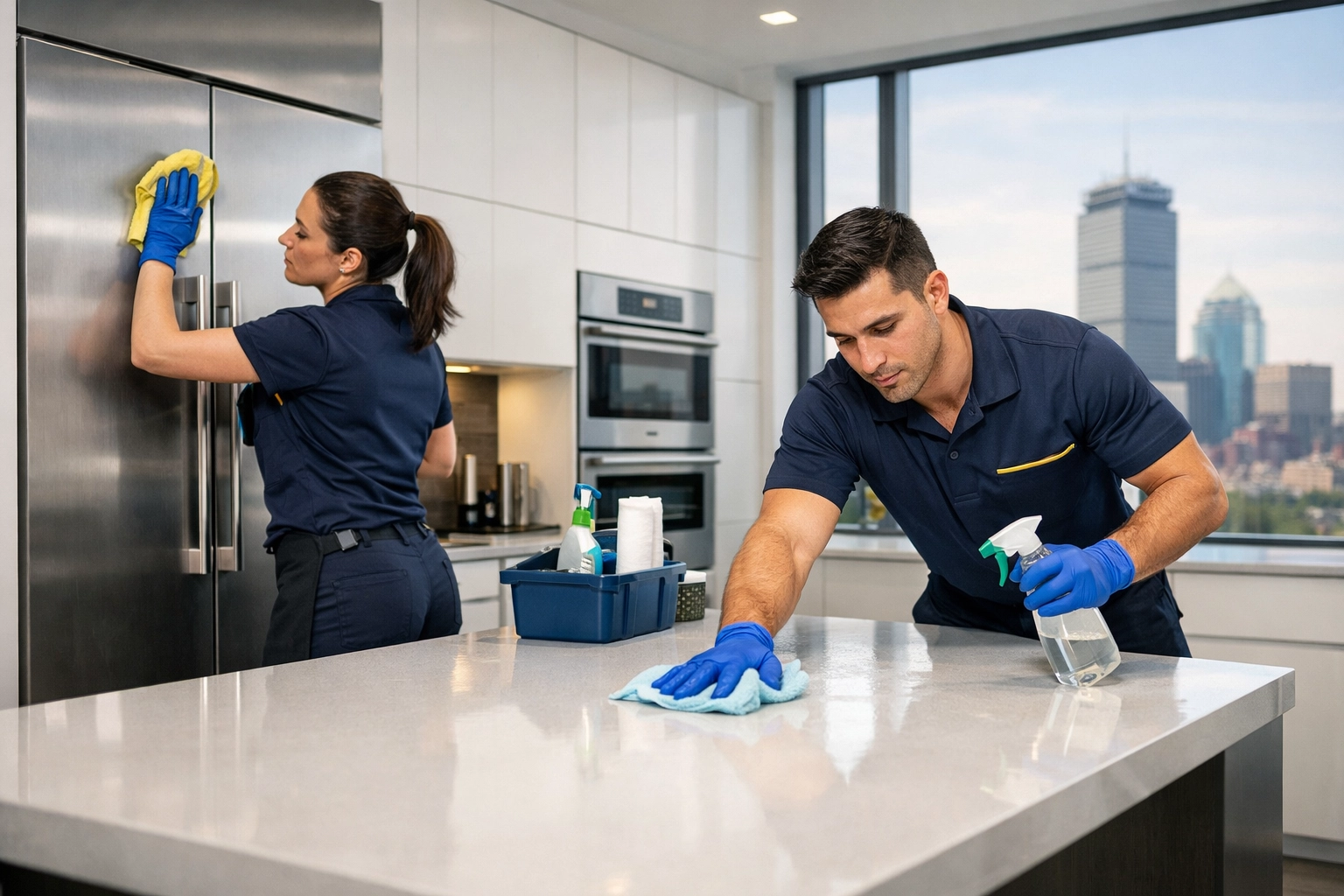 The Cleaning Ninjas team performing a deep move-out apartment cleaning Boston in a modern high-rise kitchen.