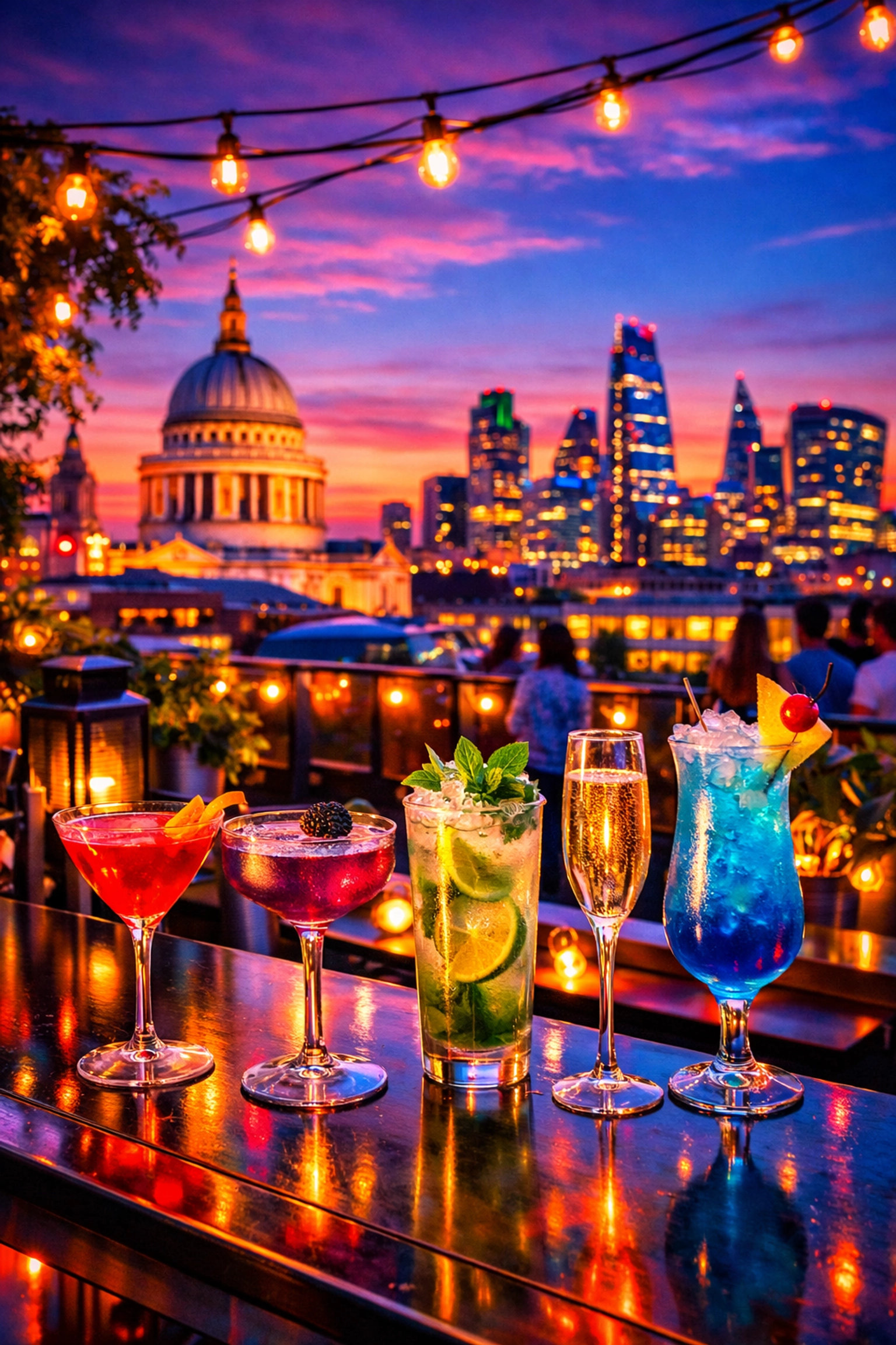 Rooftop bar overlooking London skyline with St. Paul's Cathedral and cocktails at sunset