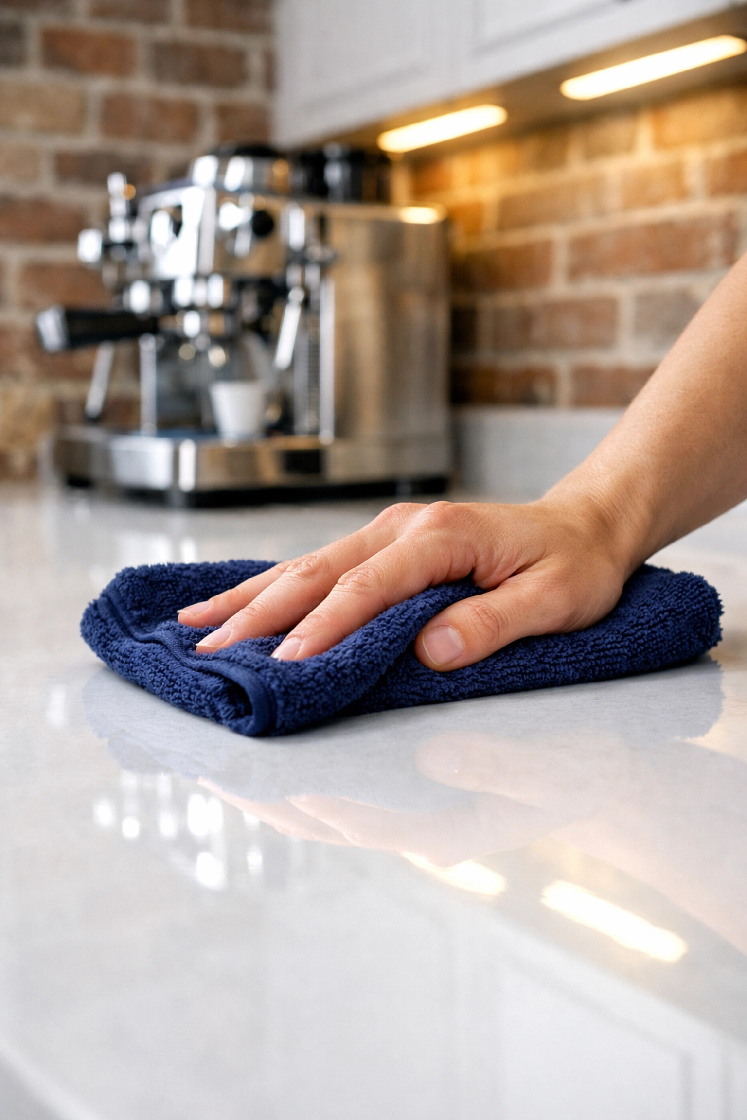 Detail of a hand polishing a kitchen counter using eco-friendly green cleaning services Lowell MA.