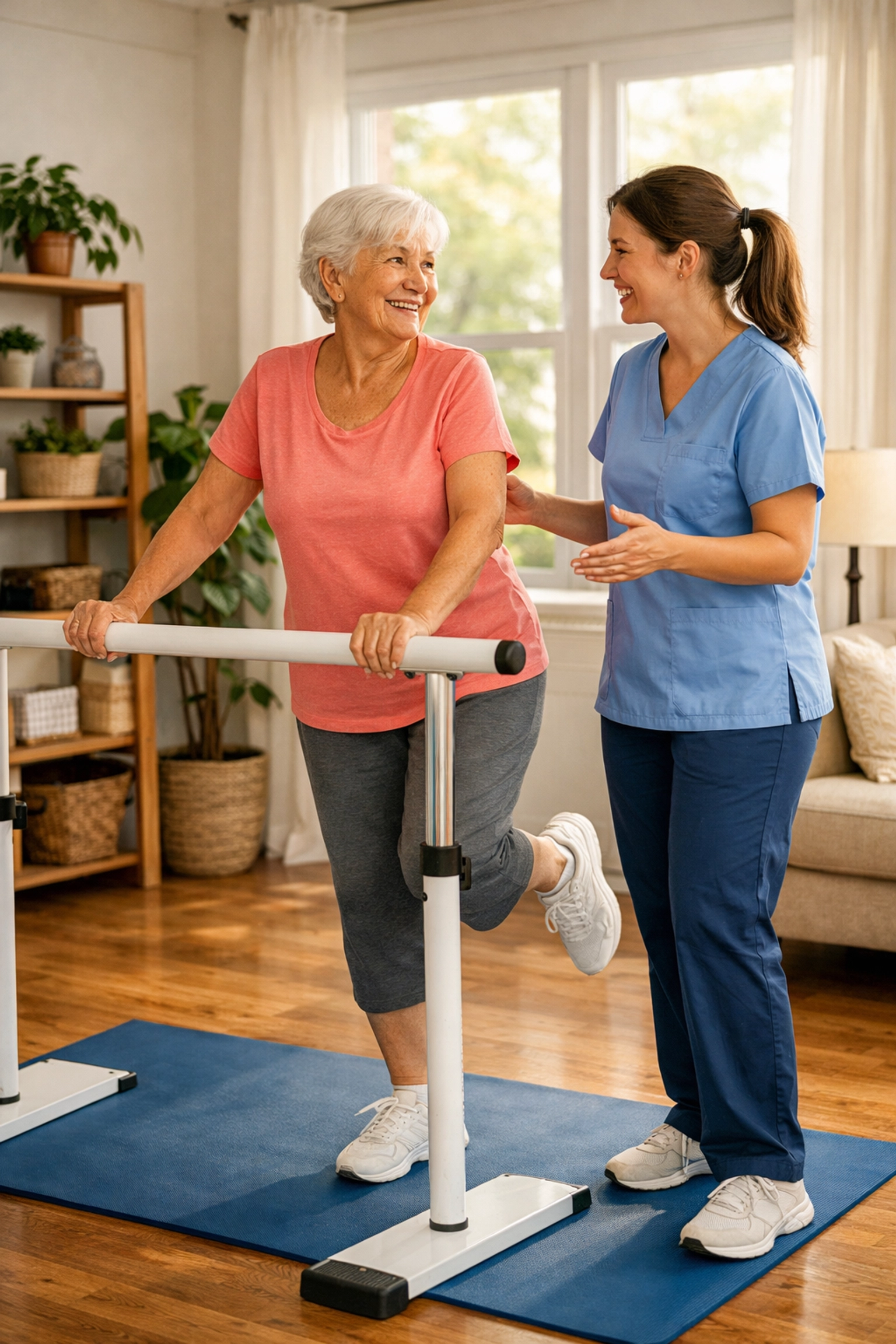 Physical therapist helping senior practice balance exercises for fall prevention