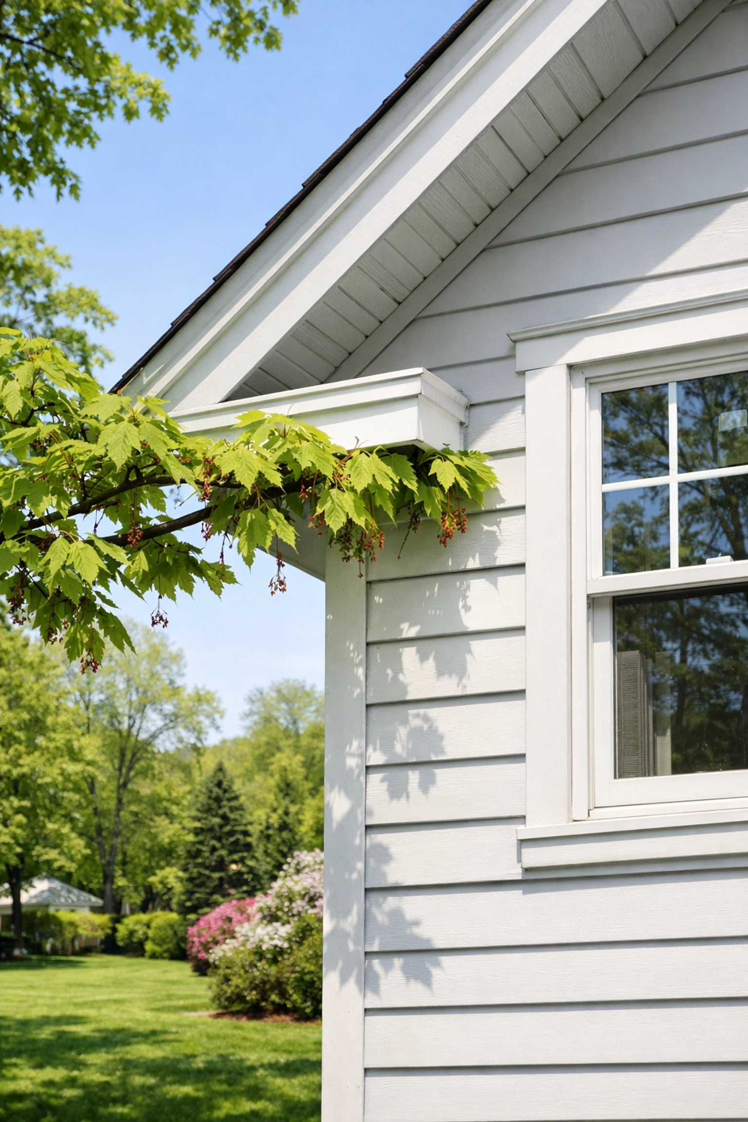 Tree branches touching a home's exterior in White Plains, a common source of spring ant infestations.