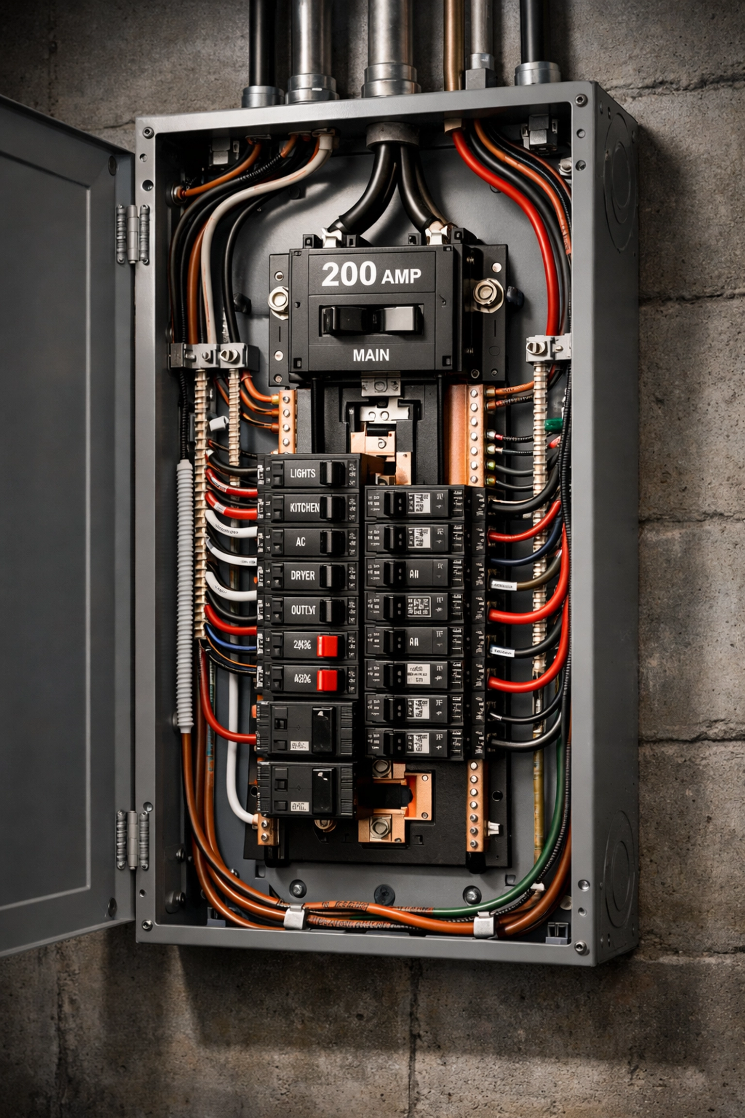 Modern 200-amp electrical service panel with organized circuit breakers for residential homes