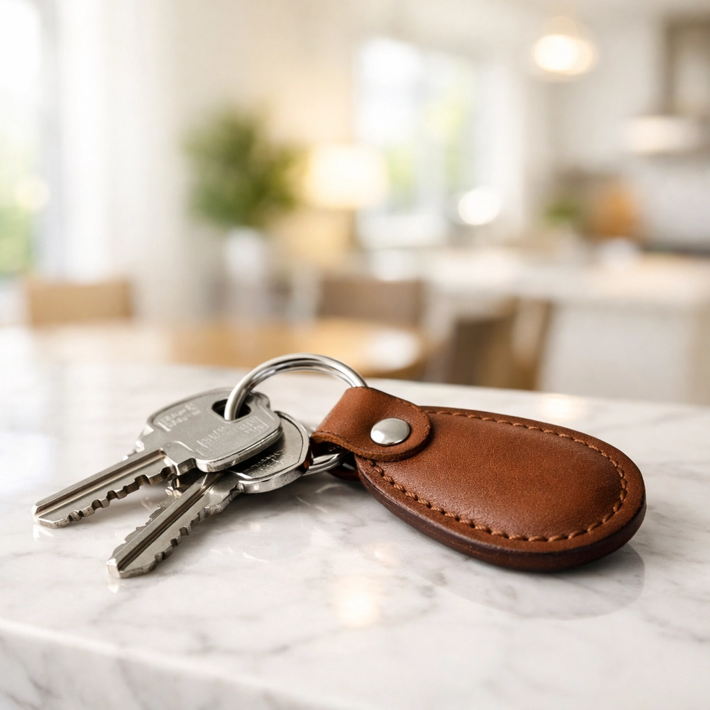 House keys on a marble counter symbolizing a successful real estate closing after a bankruptcy sale.