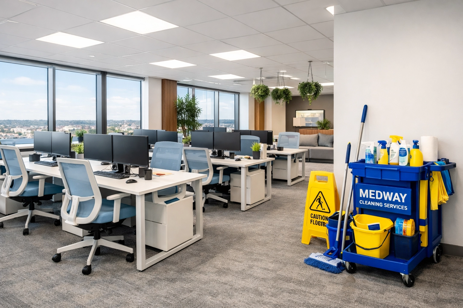 Modern open-plan office in Medway with professional cleaning supplies ready for a tailored service.