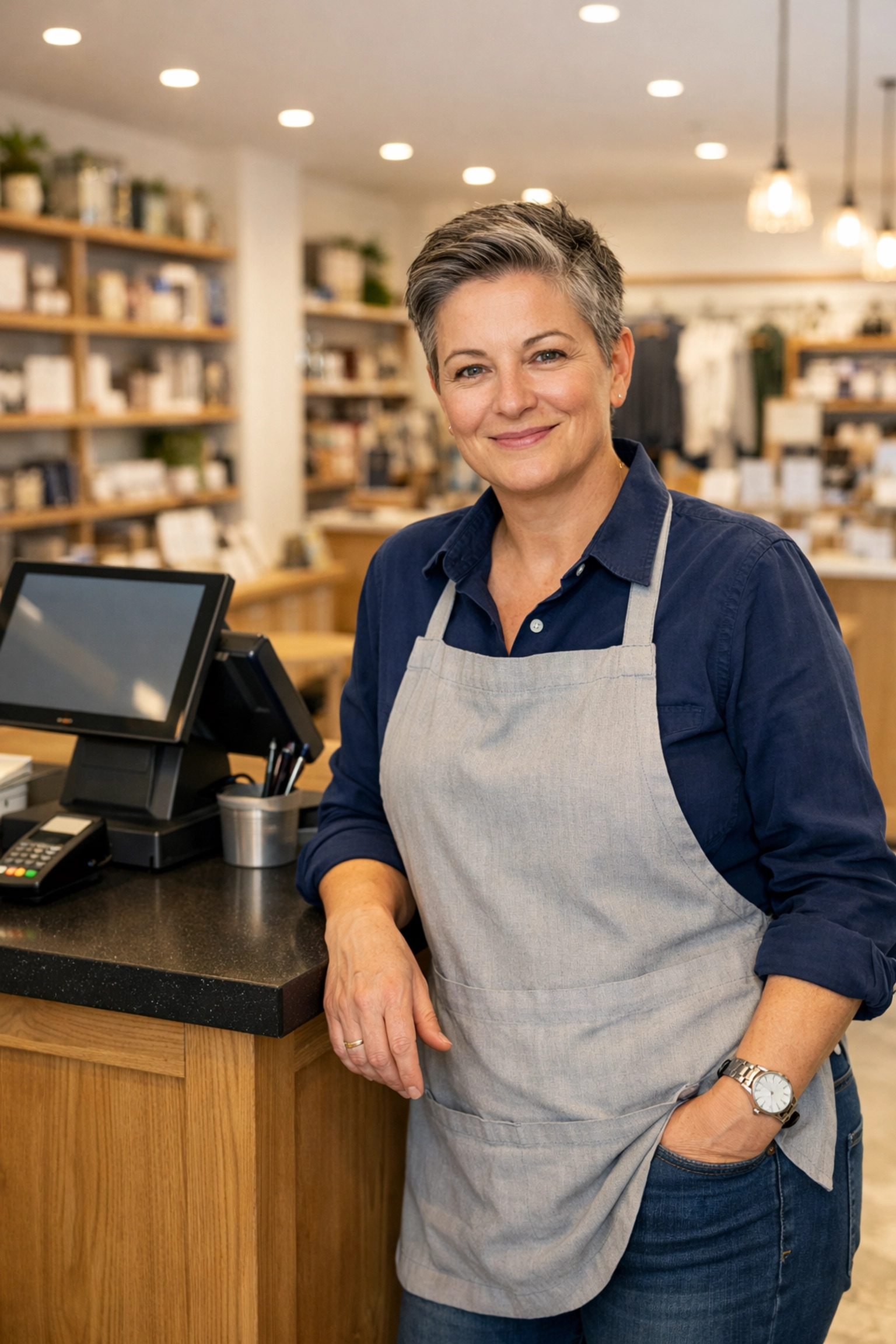 Successful UK business owner leaning on a counter equipped with the best pos system.