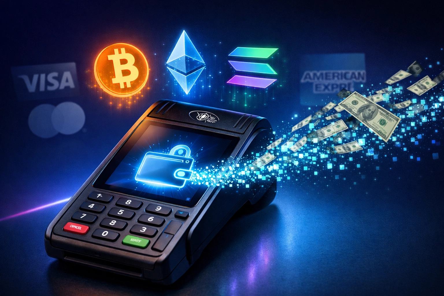 Crypto POS terminal eliminating high interchange fees with self-custody digital wallet payments